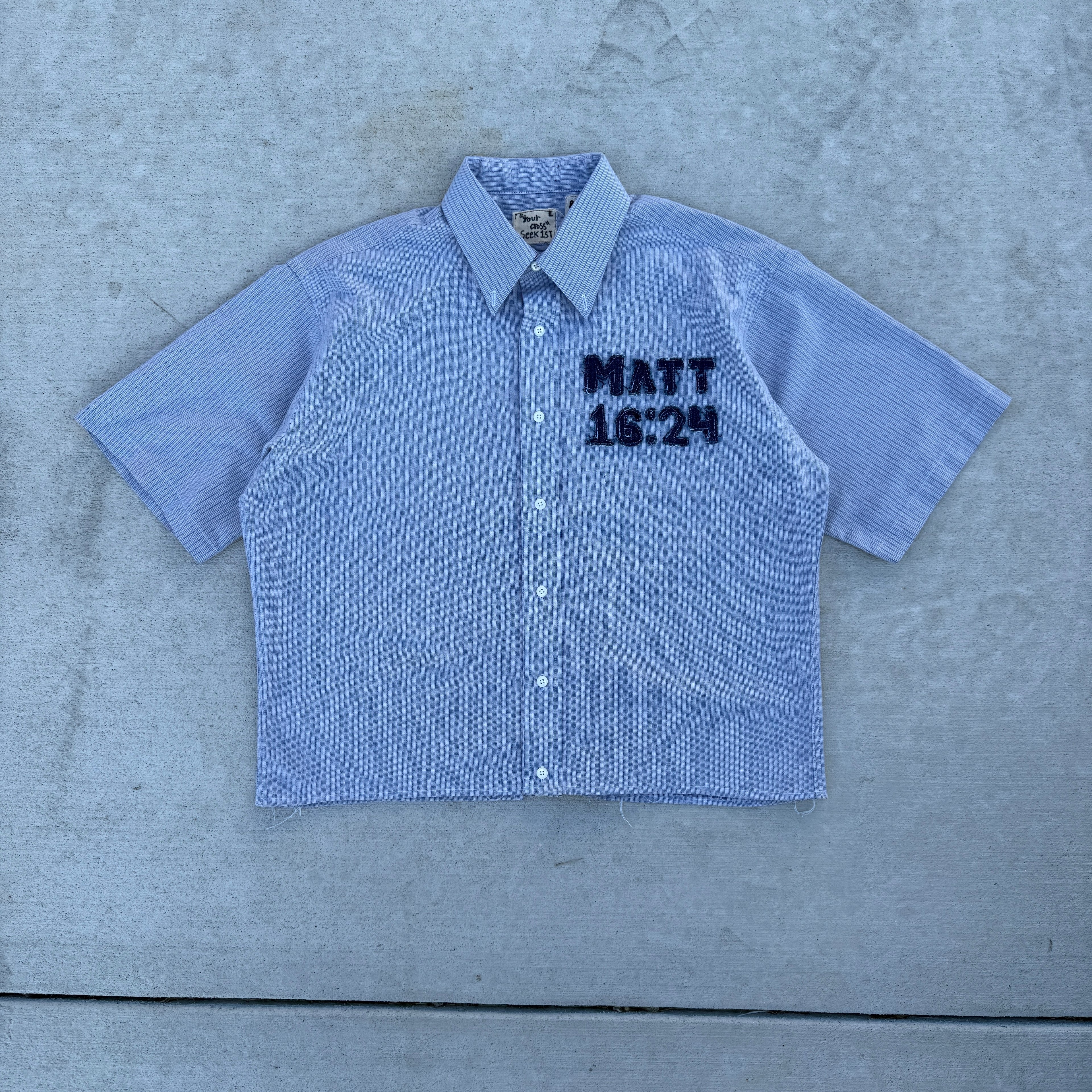 008 "Your Cross" Cropped Flannel Short Sleeve Strip Blue - L