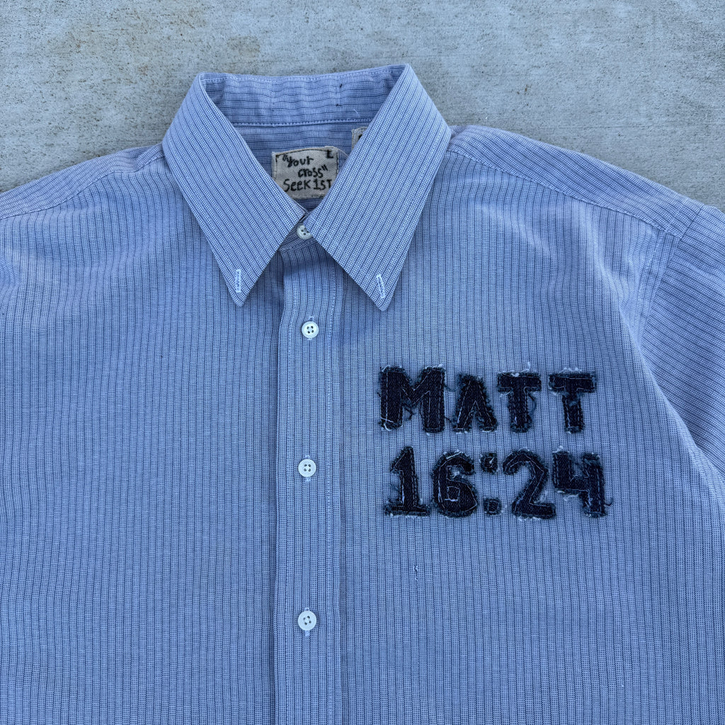 008 "Your Cross" Cropped Flannel Short Sleeve Strip Blue - L