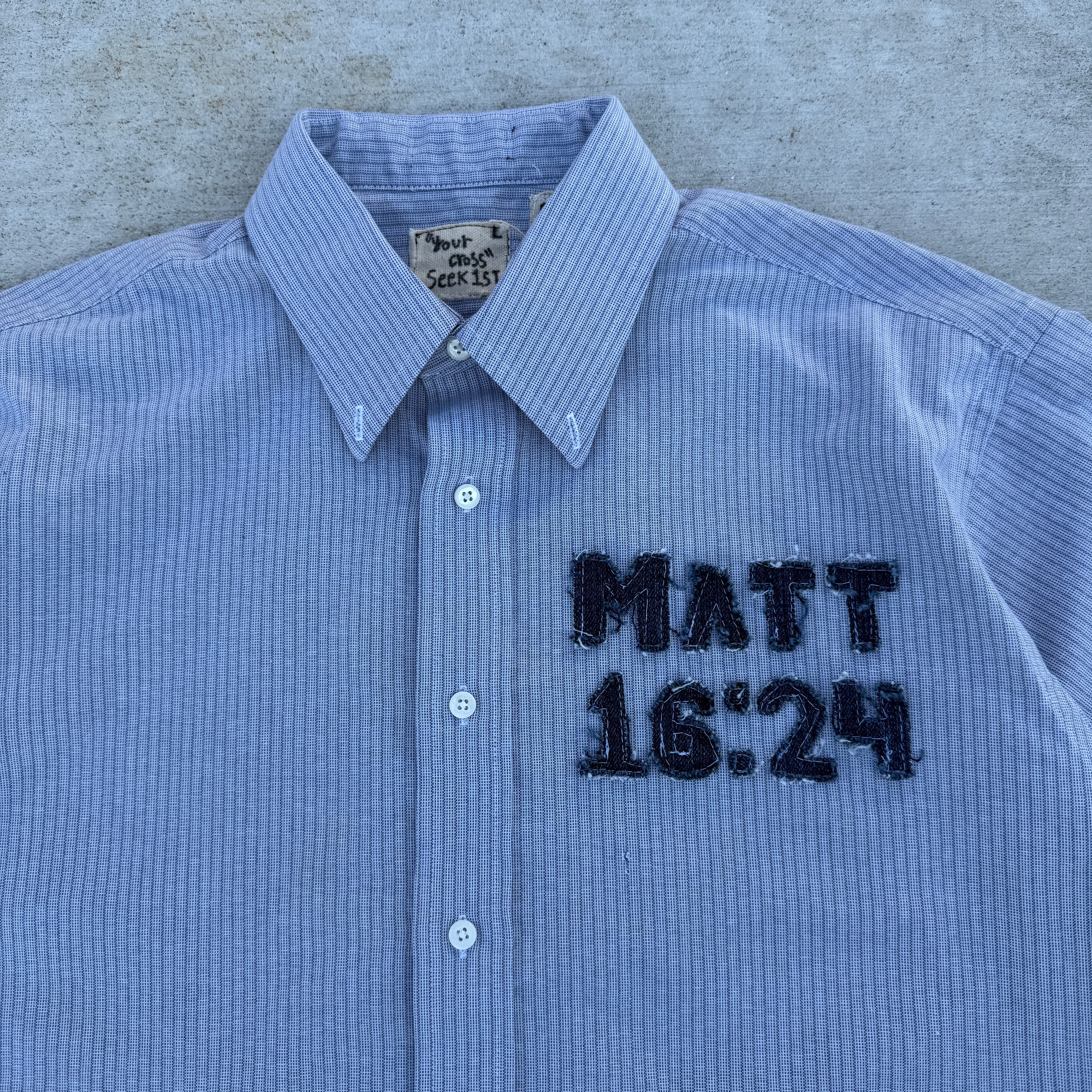008 "Your Cross" Cropped Flannel Short Sleeve Strip Blue - L