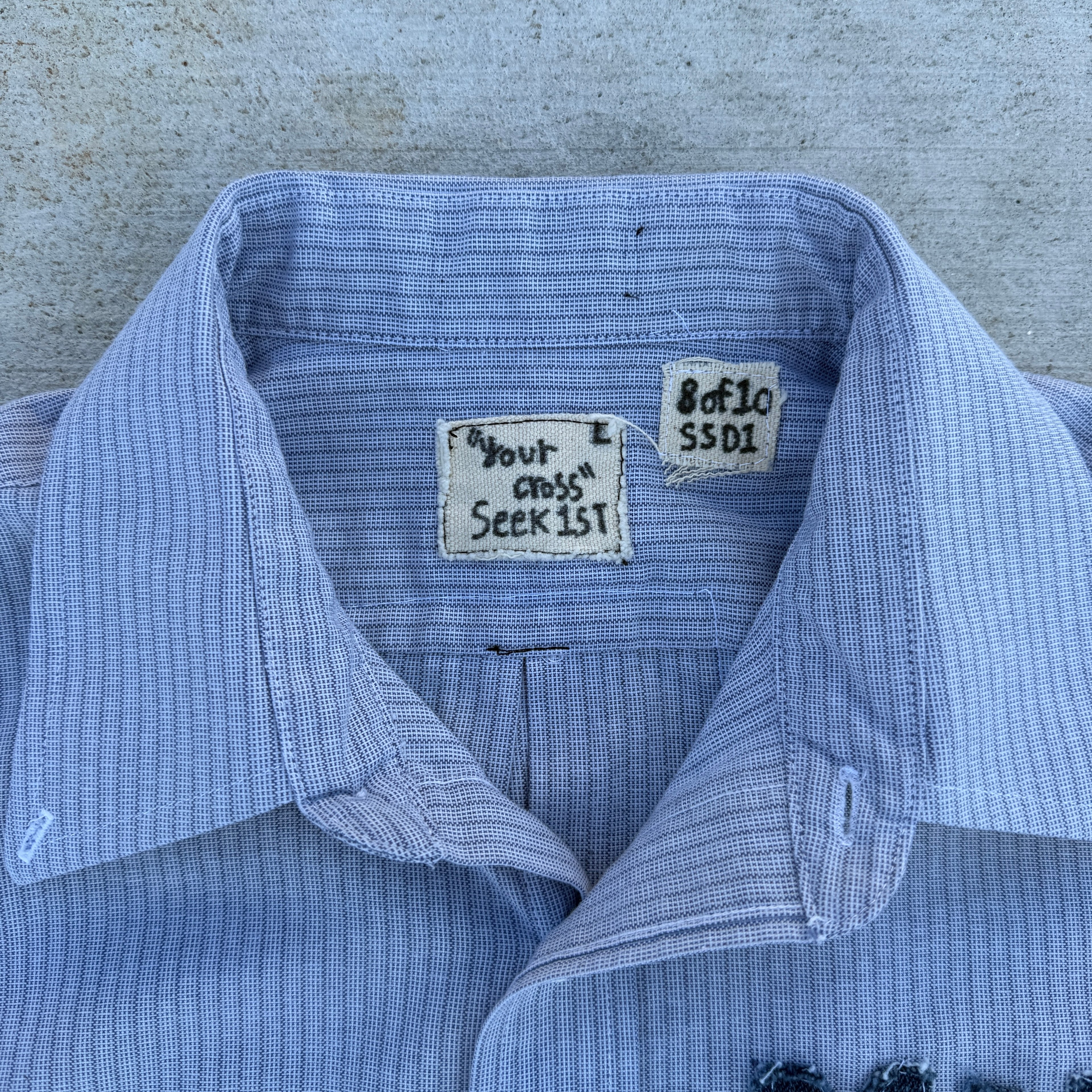 008 "Your Cross" Cropped Flannel Short Sleeve Strip Blue - L