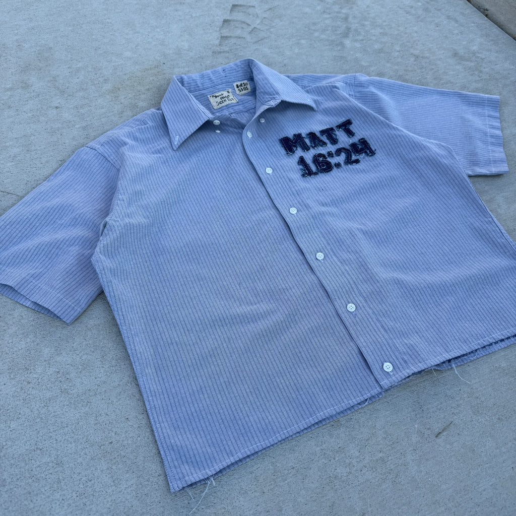 008 "Your Cross" Cropped Flannel Short Sleeve Strip Blue - L