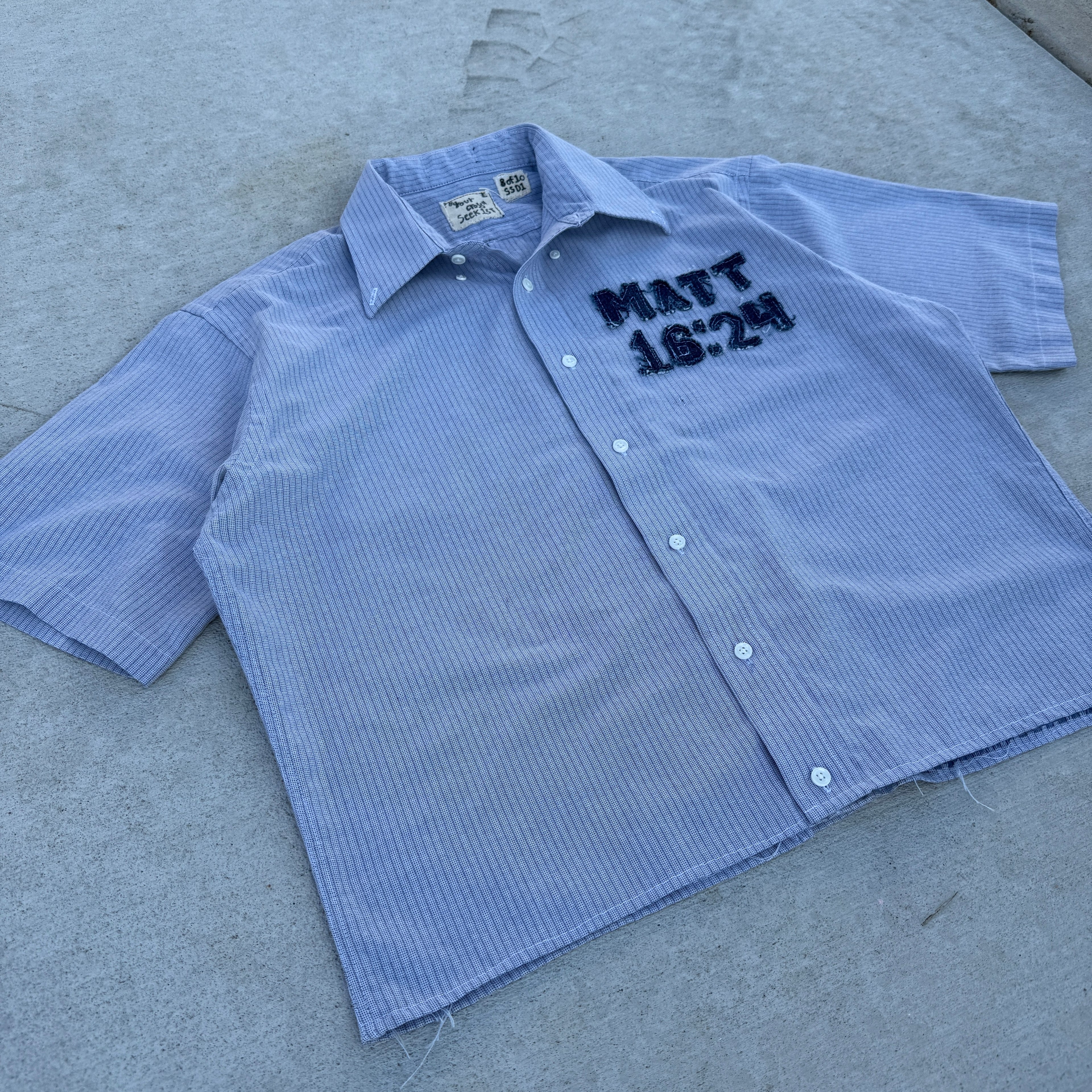 008 "Your Cross" Cropped Flannel Short Sleeve Strip Blue - L