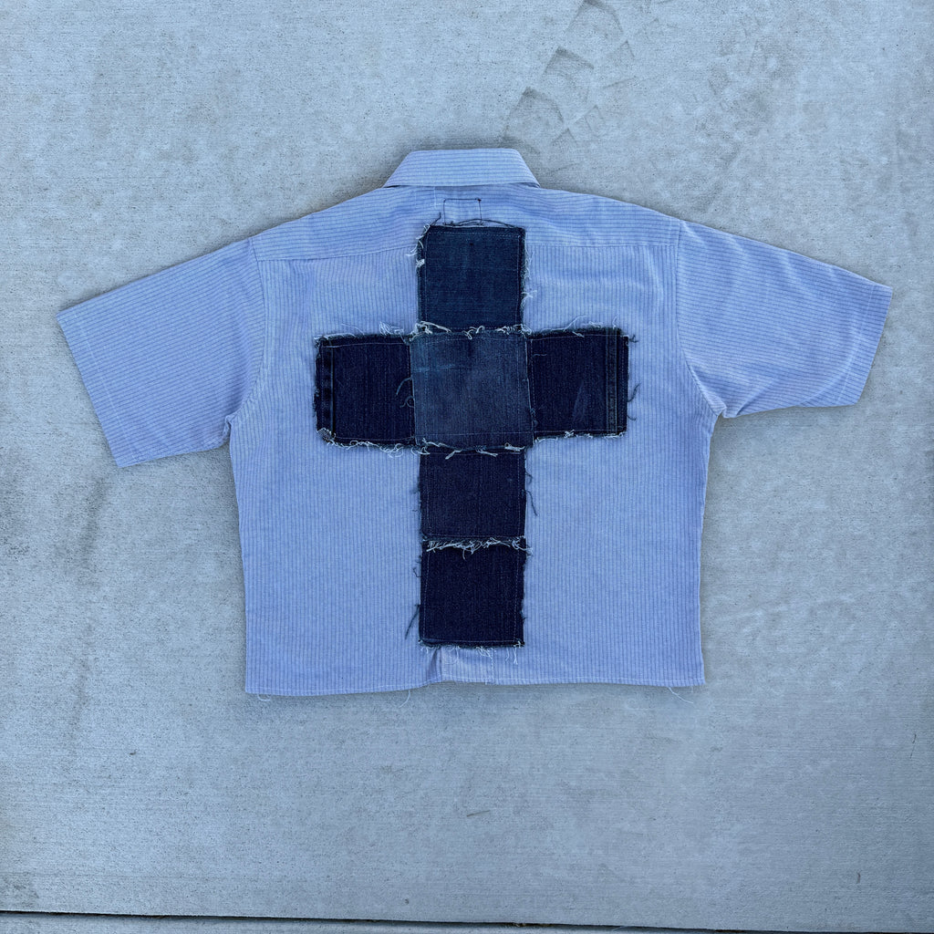 008 "Your Cross" Cropped Flannel Short Sleeve Strip Blue - L