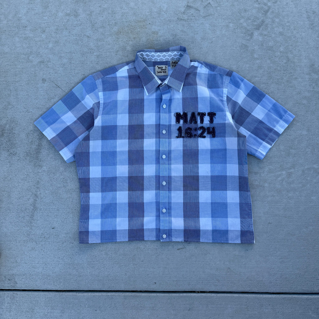007 "Your Cross" Cropped Flannel Short Sleeve Blue Plaid - L