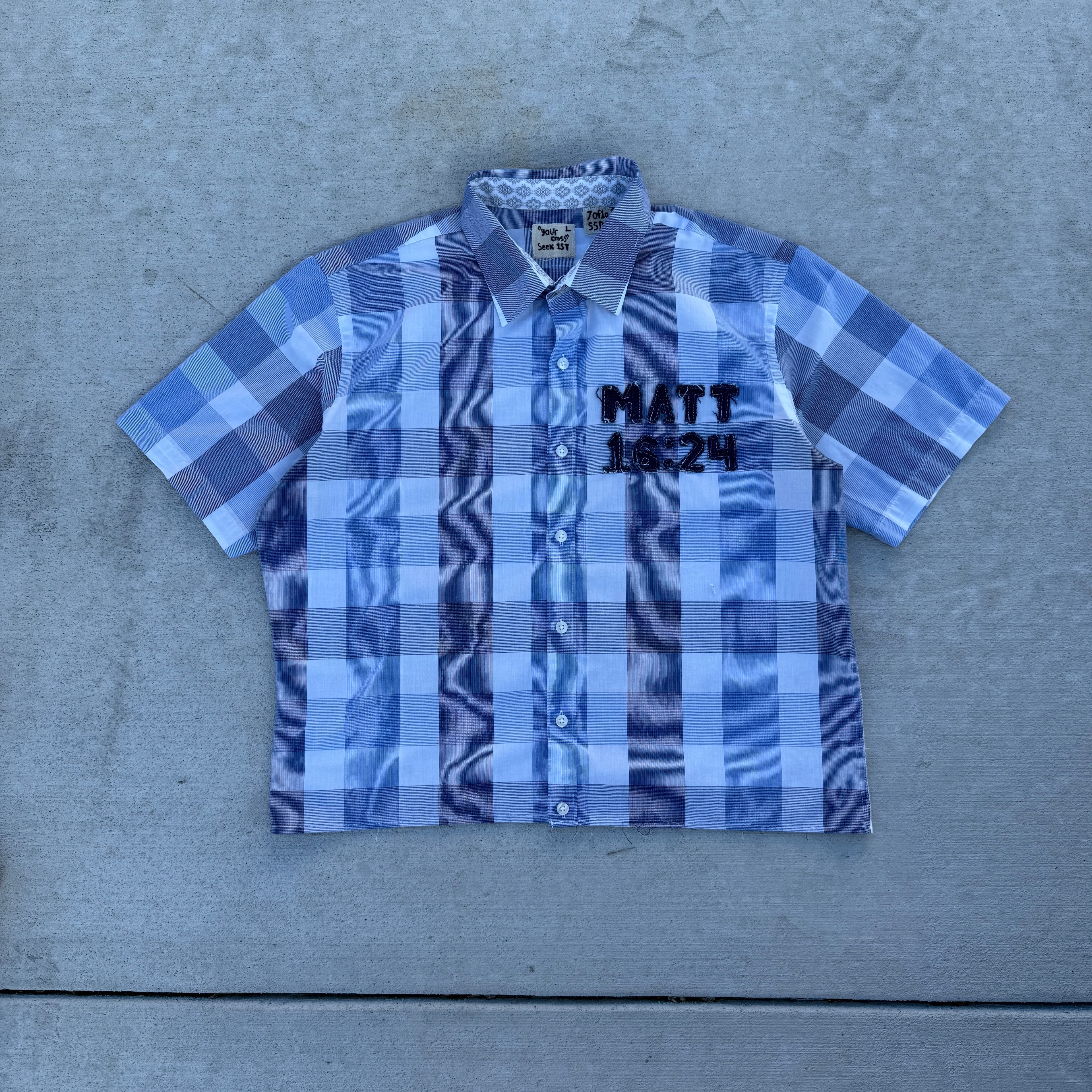 007 "Your Cross" Cropped Flannel Short Sleeve Blue Plaid - L