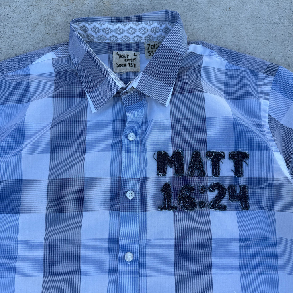 007 "Your Cross" Cropped Flannel Short Sleeve Blue Plaid - L
