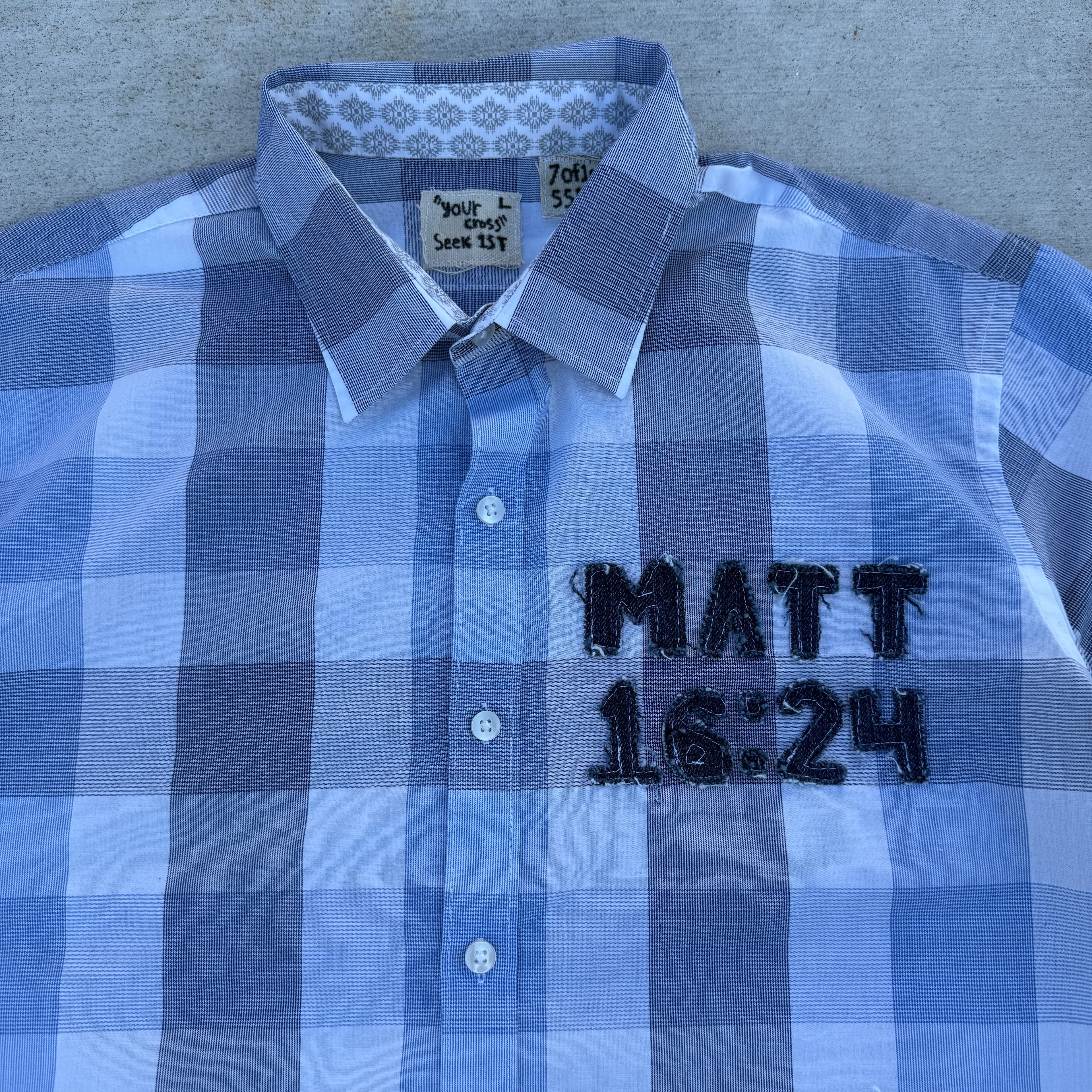 007 "Your Cross" Cropped Flannel Short Sleeve Blue Plaid - L