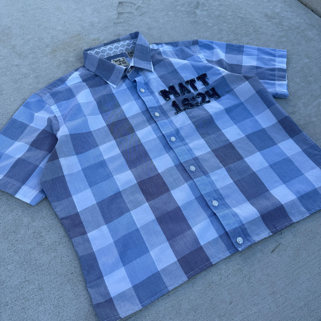 007 "Your Cross" Cropped Flannel Short Sleeve Blue Plaid - L