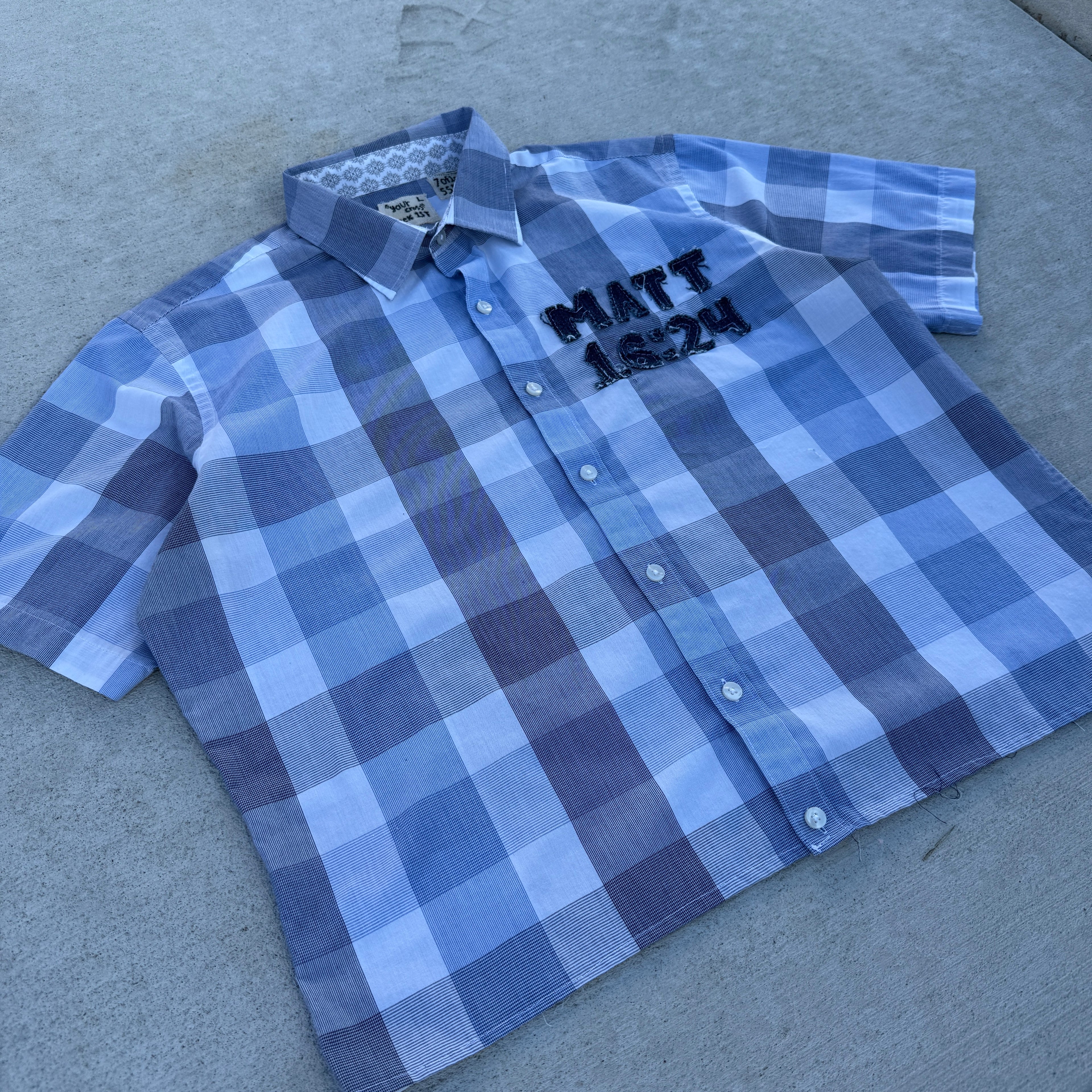 007 "Your Cross" Cropped Flannel Short Sleeve Blue Plaid - L