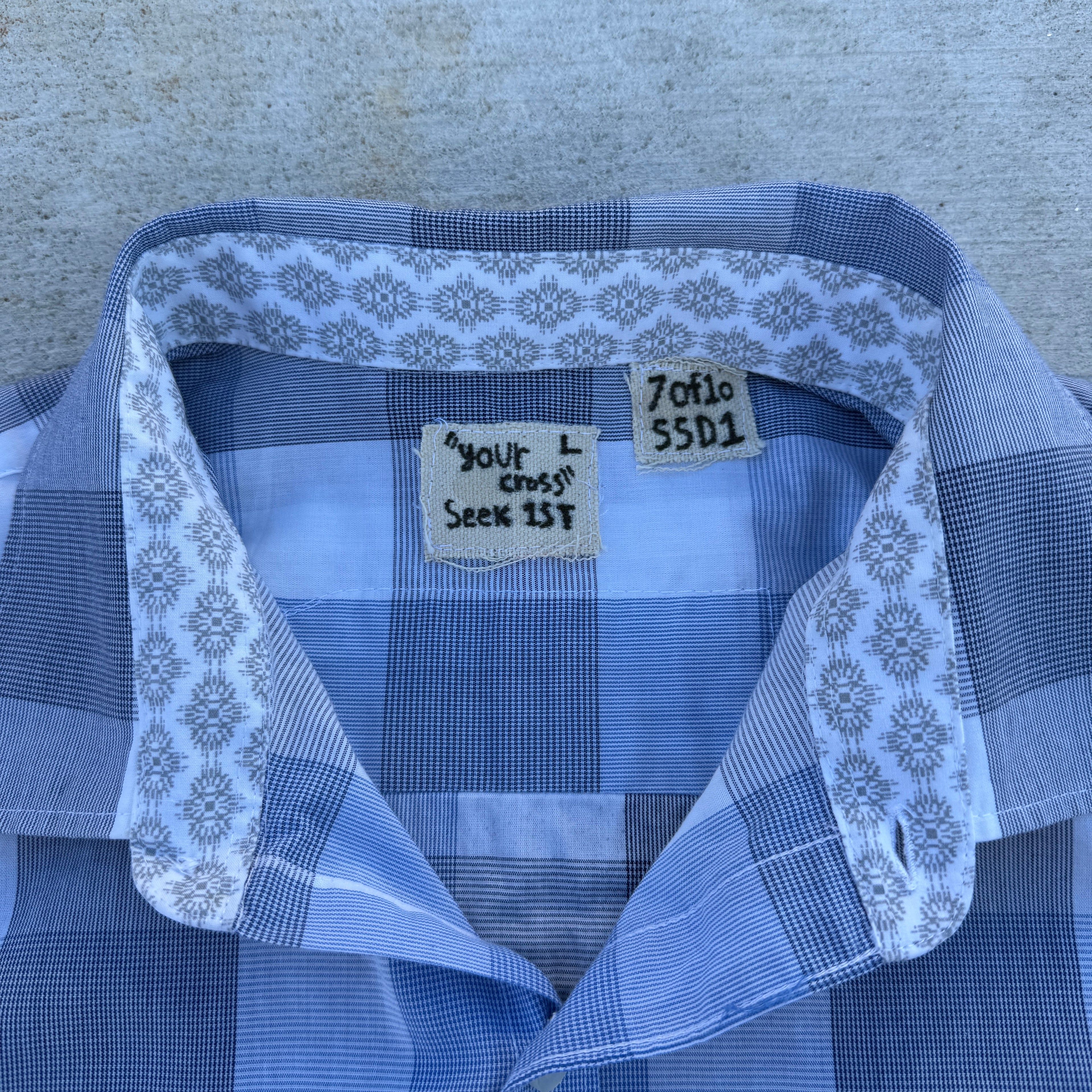 007 "Your Cross" Cropped Flannel Short Sleeve Blue Plaid - L