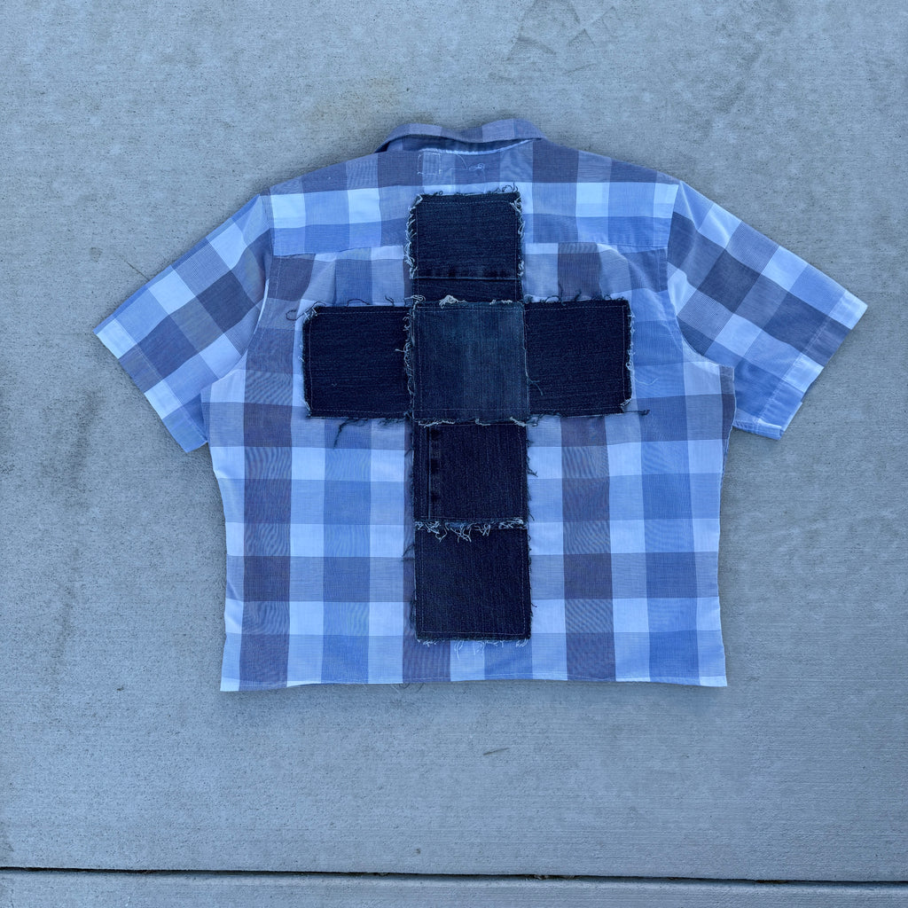 007 "Your Cross" Cropped Flannel Short Sleeve Blue Plaid - L