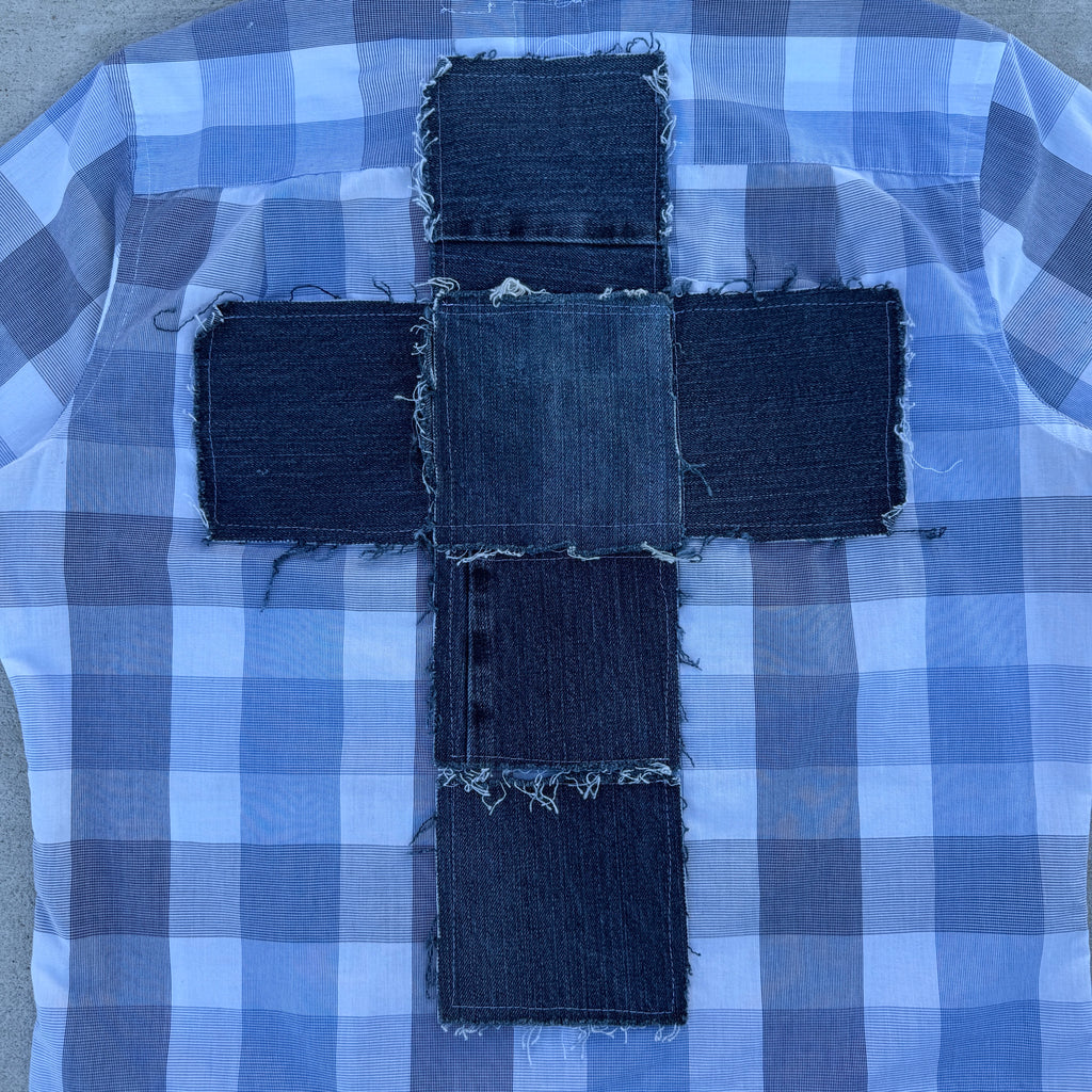 007 "Your Cross" Cropped Flannel Short Sleeve Blue Plaid - L