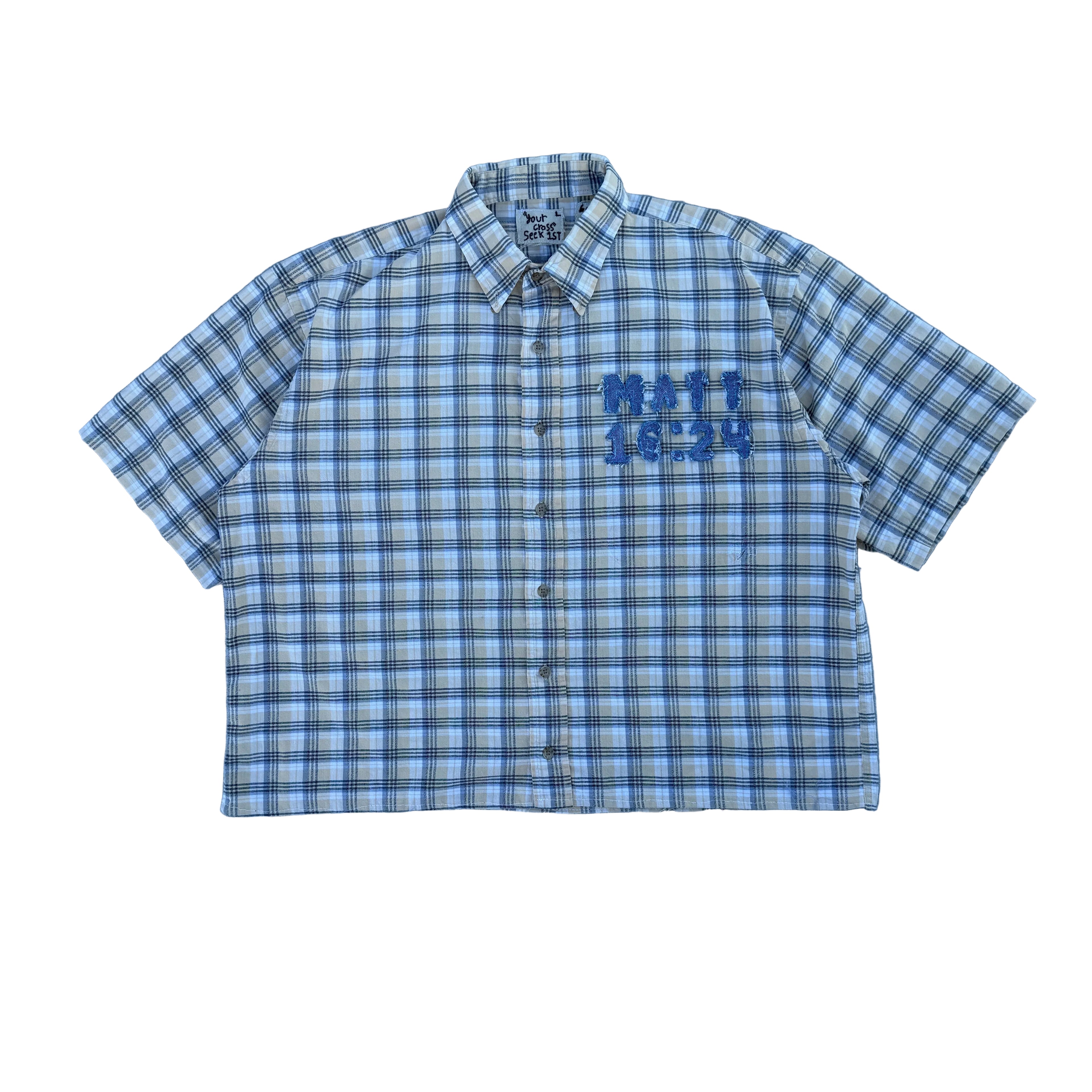 006 "Your Cross" Short Sleeve Cropped Flannel Yellow Black Plaid - L