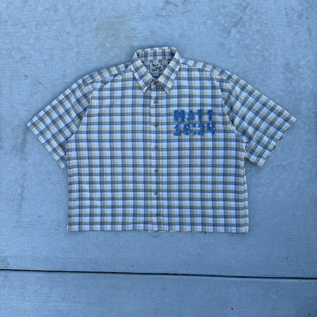 006 "Your Cross" Short Sleeve Cropped Flannel Yellow Black Plaid - L