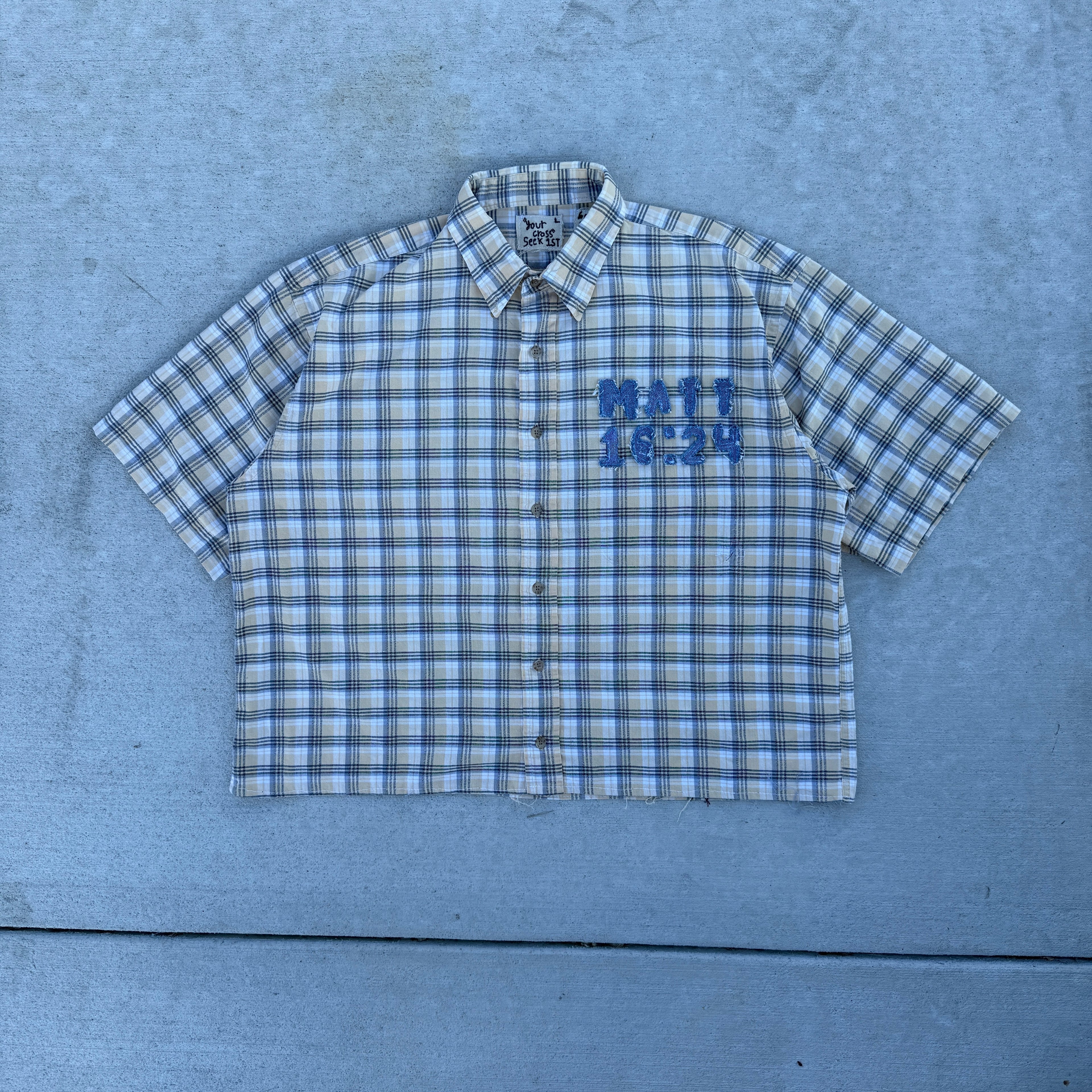 006 "Your Cross" Short Sleeve Cropped Flannel Yellow Black Plaid - L