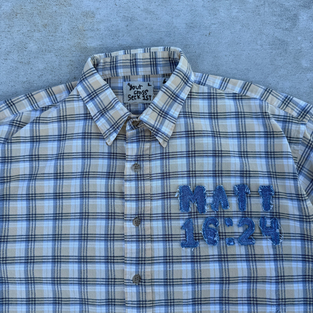 006 "Your Cross" Short Sleeve Cropped Flannel Yellow Black Plaid - L