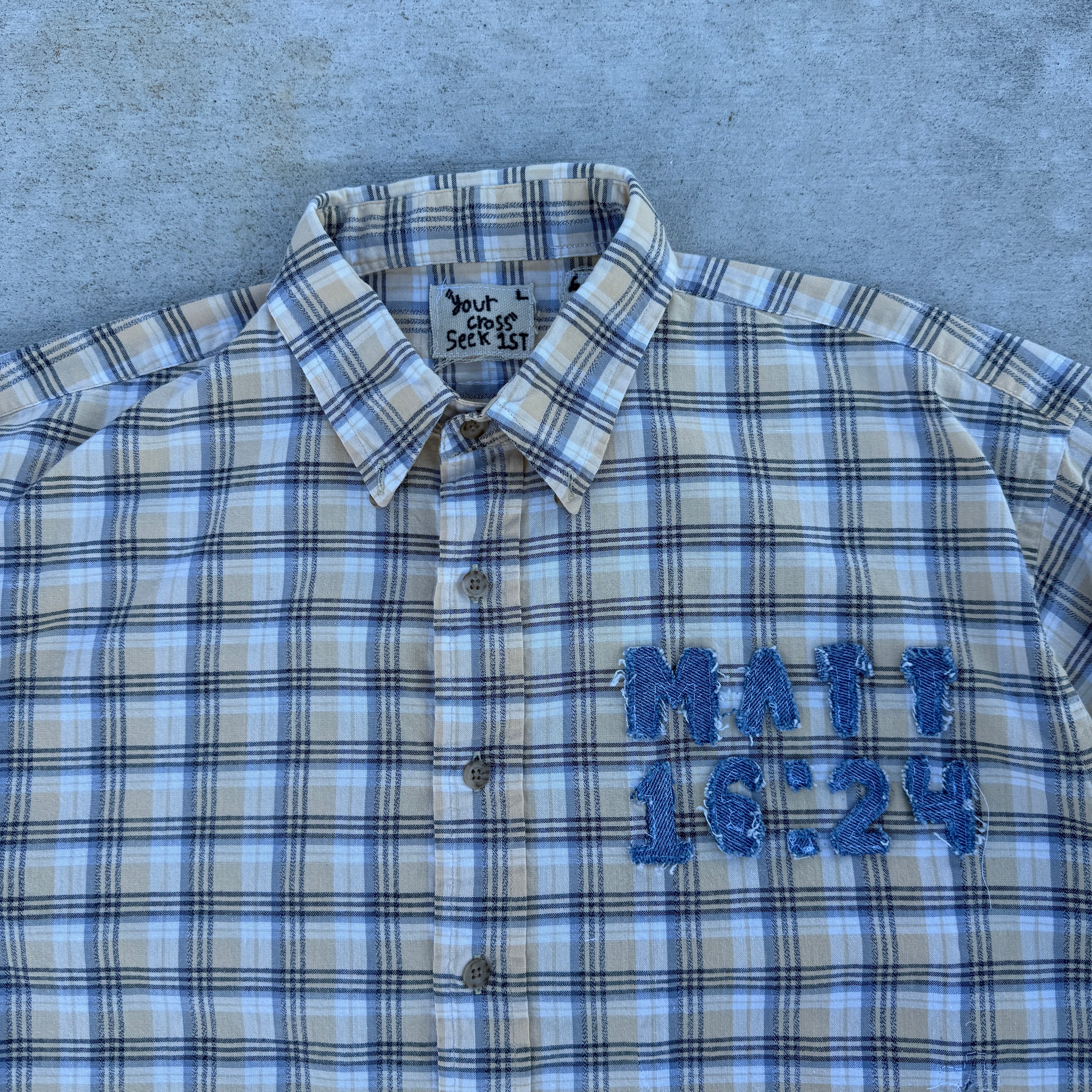 006 "Your Cross" Short Sleeve Cropped Flannel Yellow Black Plaid - L