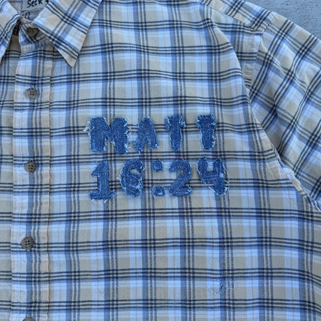 006 "Your Cross" Short Sleeve Cropped Flannel Yellow Black Plaid - L