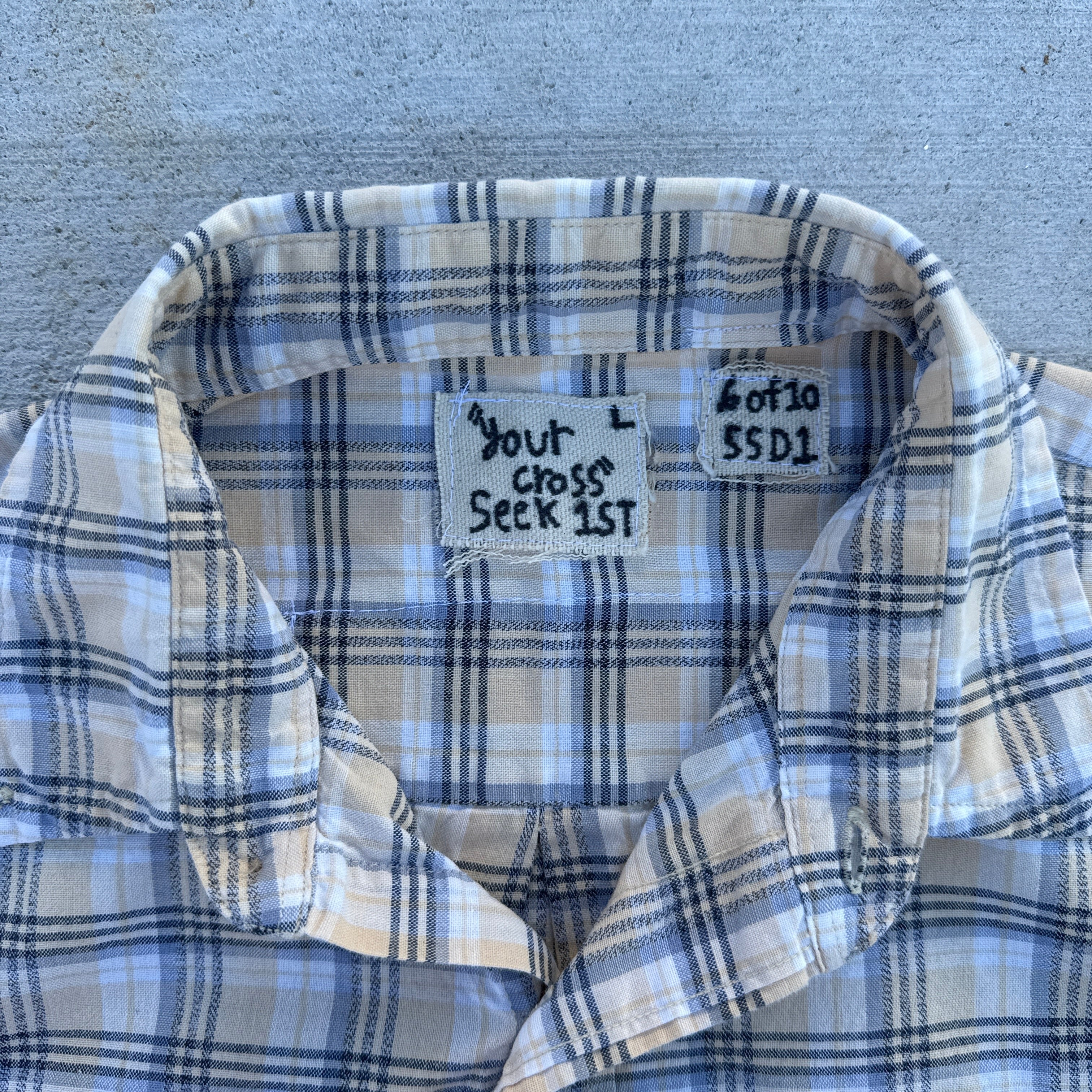 006 "Your Cross" Short Sleeve Cropped Flannel Yellow Black Plaid - L