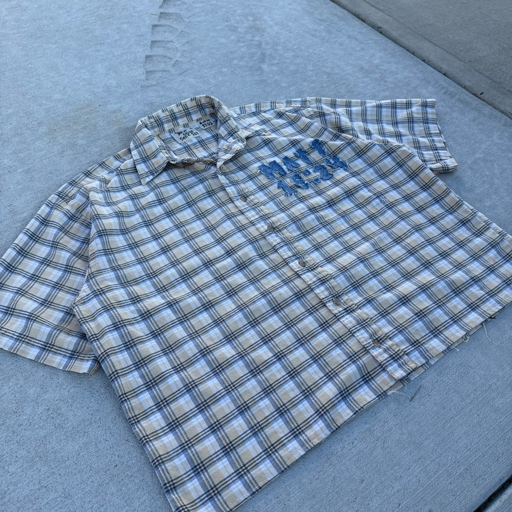 006 "Your Cross" Short Sleeve Cropped Flannel Yellow Black Plaid - L