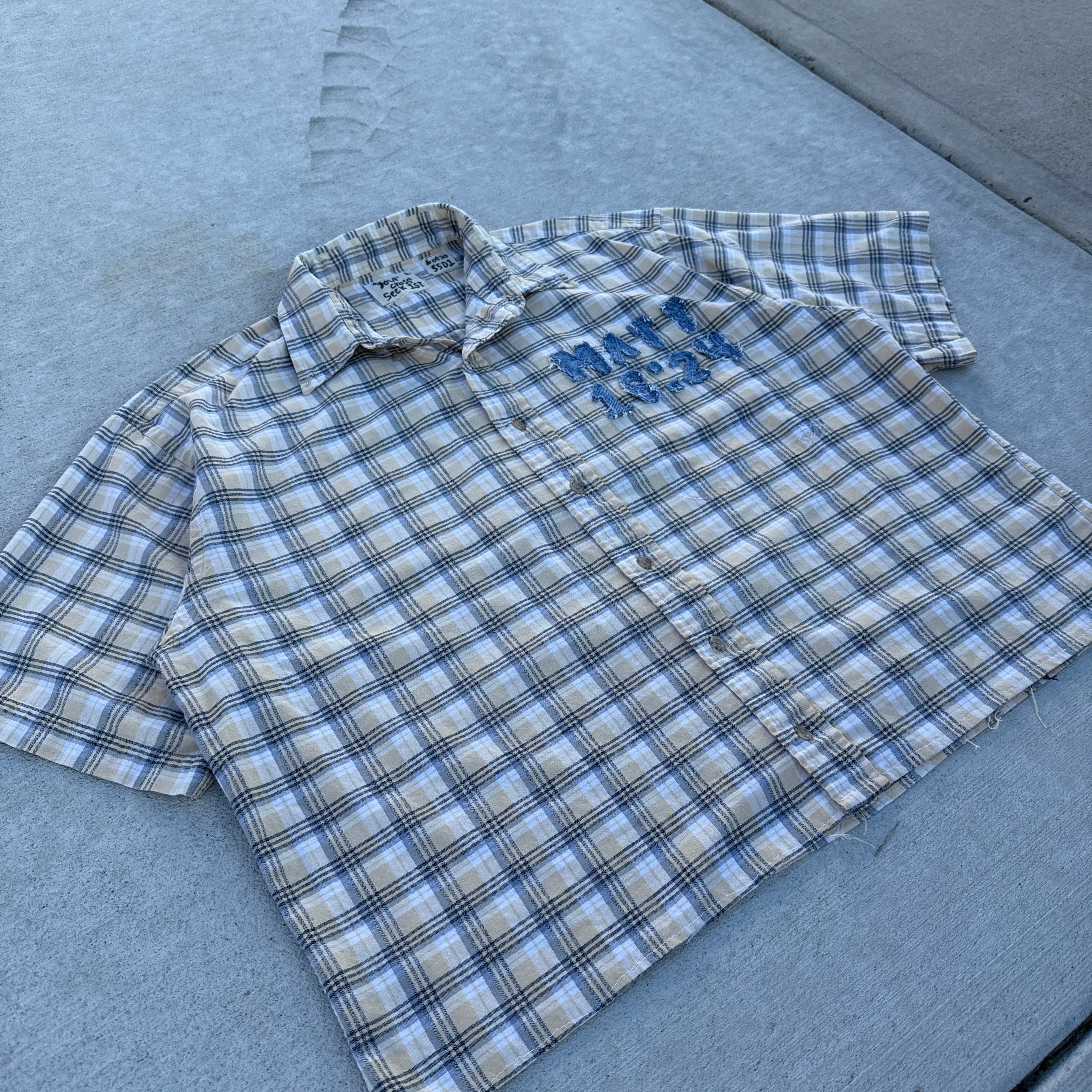 006 "Your Cross" Short Sleeve Cropped Flannel Yellow Black Plaid - L