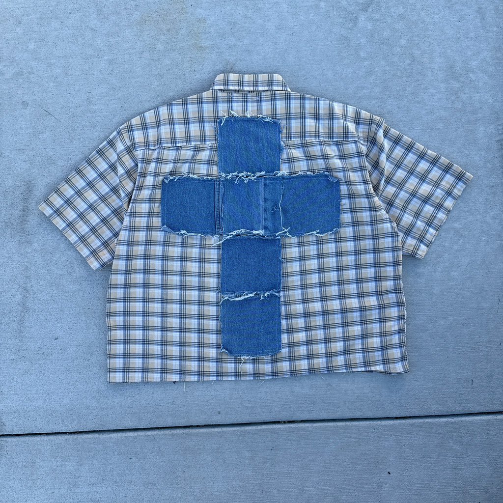 006 "Your Cross" Short Sleeve Cropped Flannel Yellow Black Plaid - L