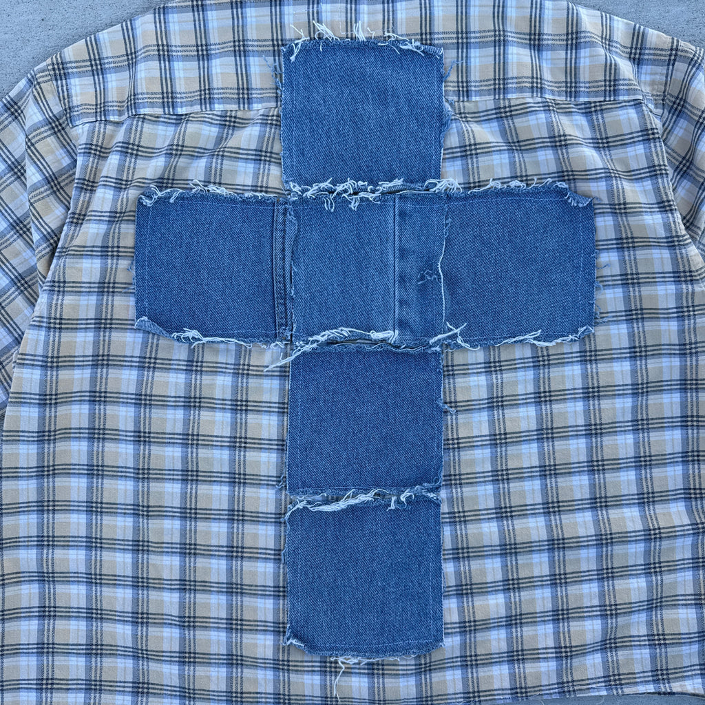 006 "Your Cross" Short Sleeve Cropped Flannel Yellow Black Plaid - L