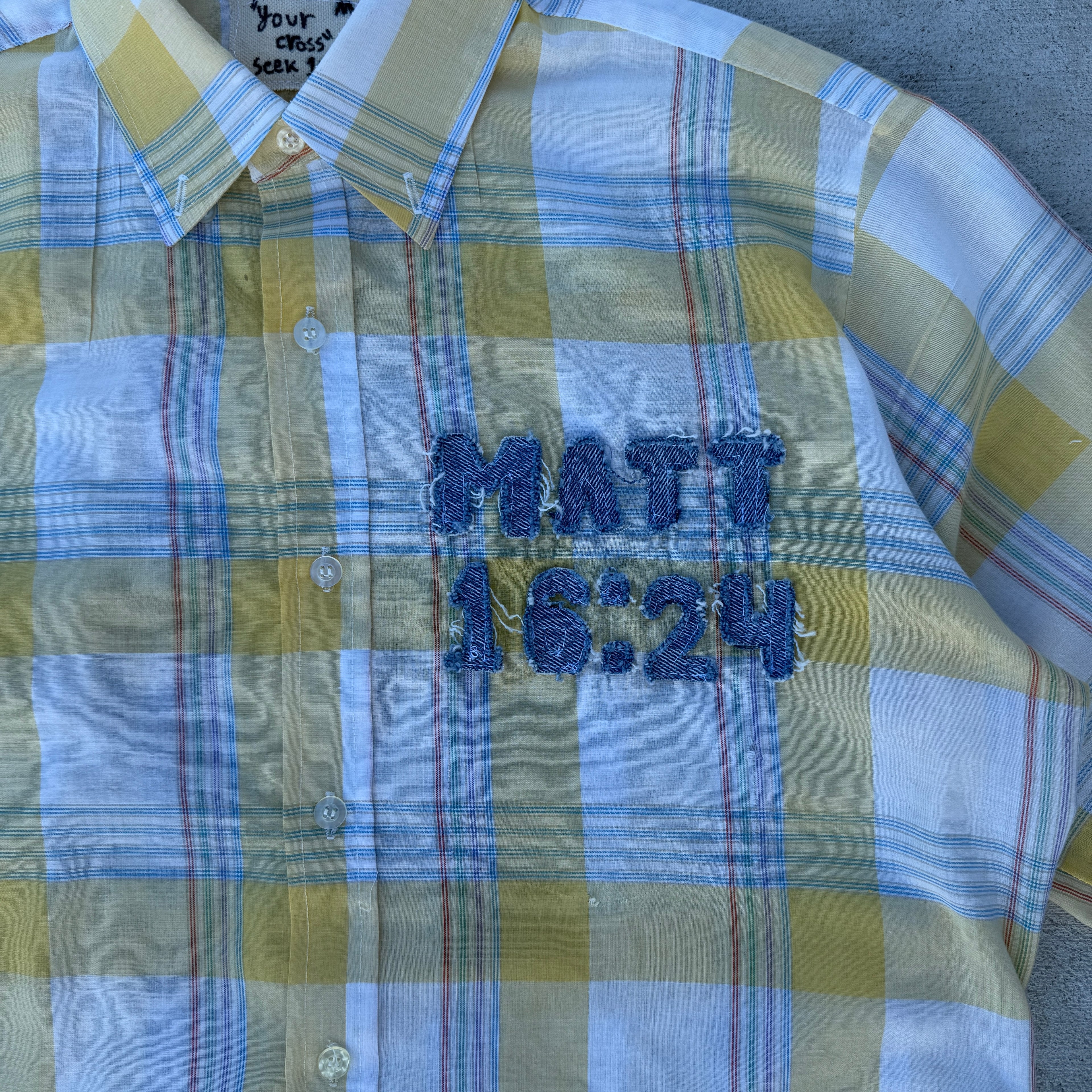 005 "Your Cross" Cropped Flannel Short Sleeve Yellow White Plaid - M