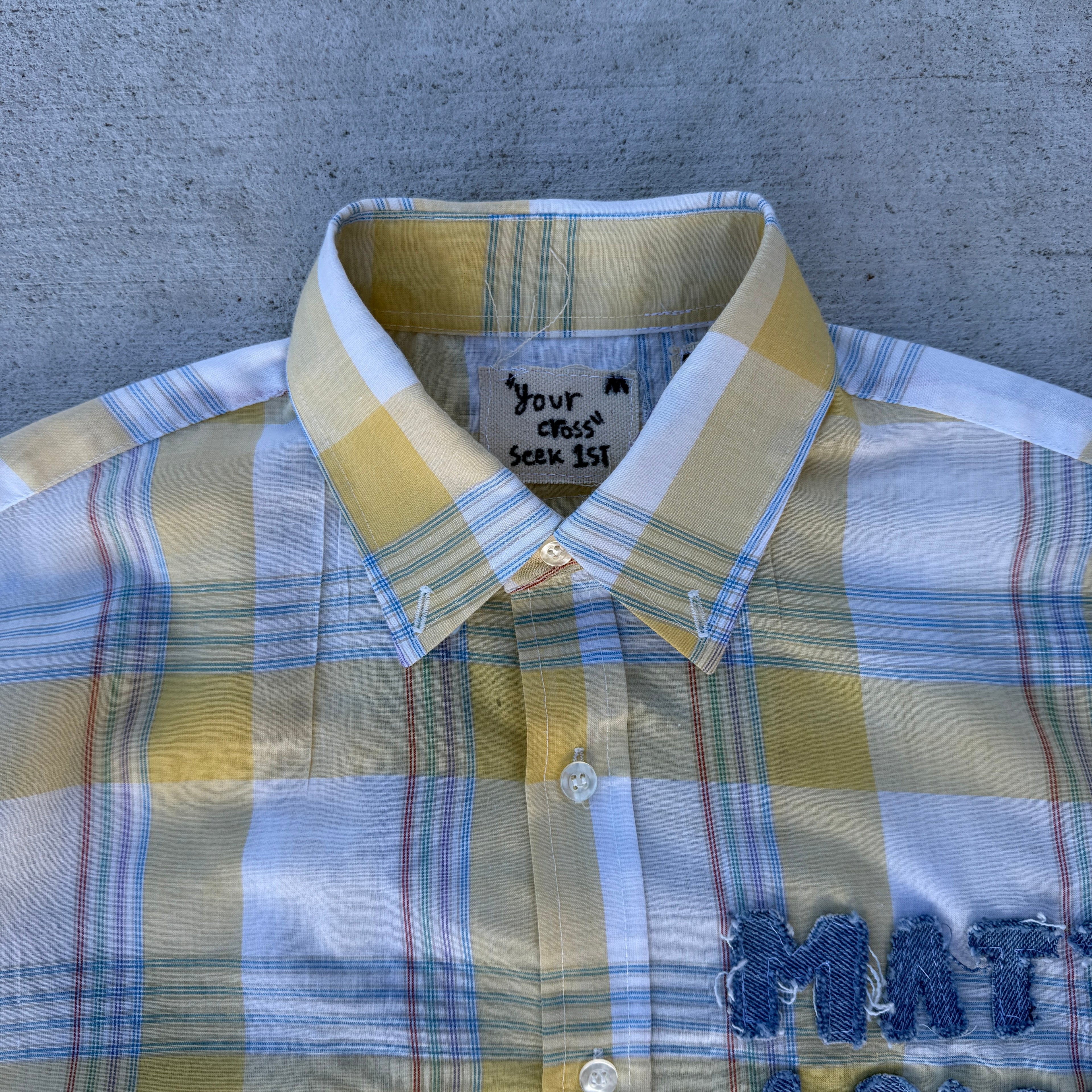 005 "Your Cross" Cropped Flannel Short Sleeve Yellow White Plaid - M