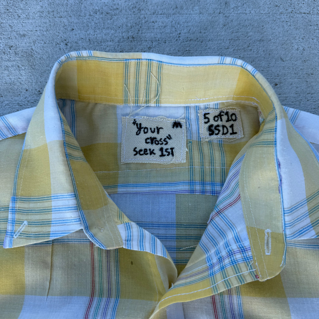 005 "Your Cross" Cropped Flannel Short Sleeve Yellow White Plaid - M