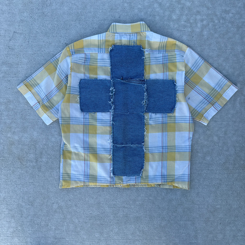 005 "Your Cross" Cropped Flannel Short Sleeve Yellow White Plaid - M