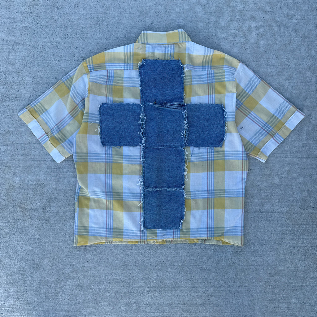 005 "Your Cross" Cropped Flannel Short Sleeve Yellow White Plaid - M