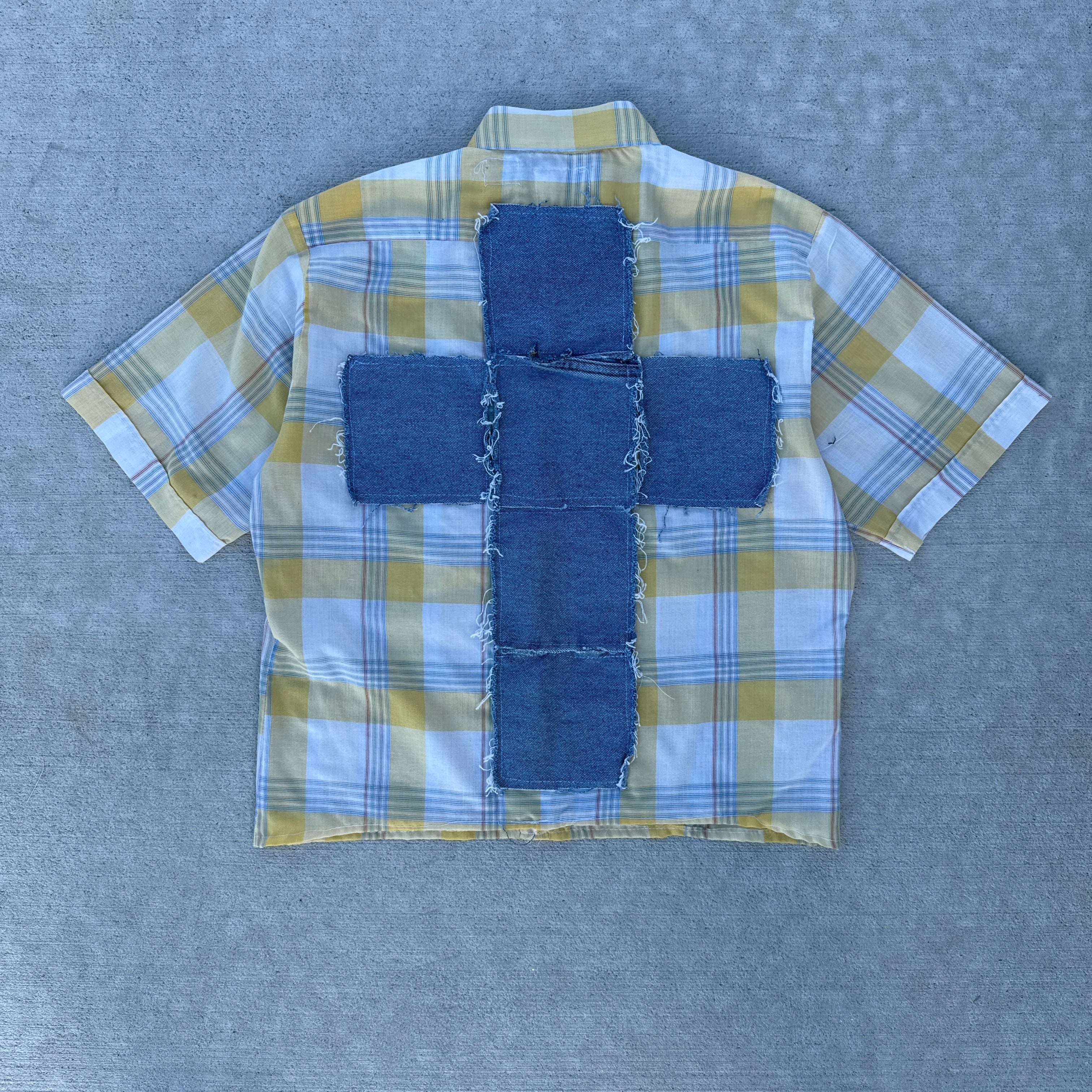 005 "Your Cross" Cropped Flannel Short Sleeve Yellow White Plaid - M
