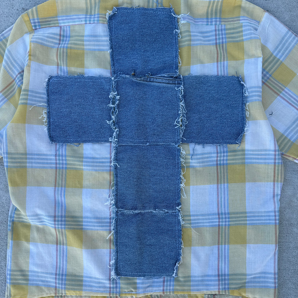 005 "Your Cross" Cropped Flannel Short Sleeve Yellow White Plaid - M