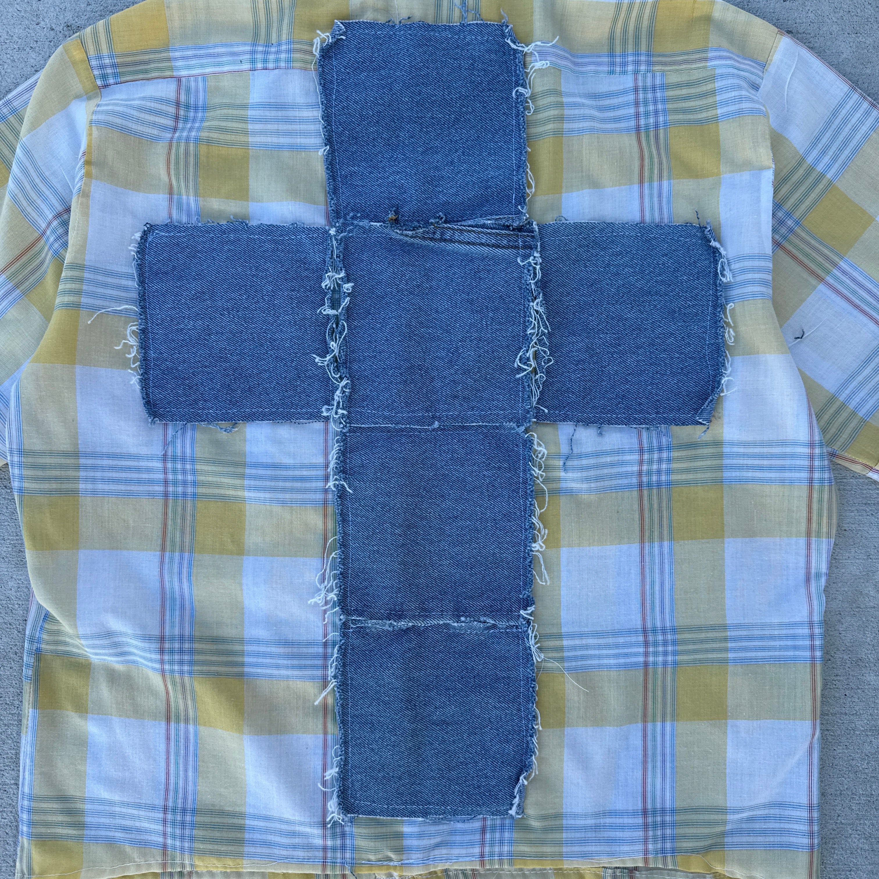005 "Your Cross" Cropped Flannel Short Sleeve Yellow White Plaid - M