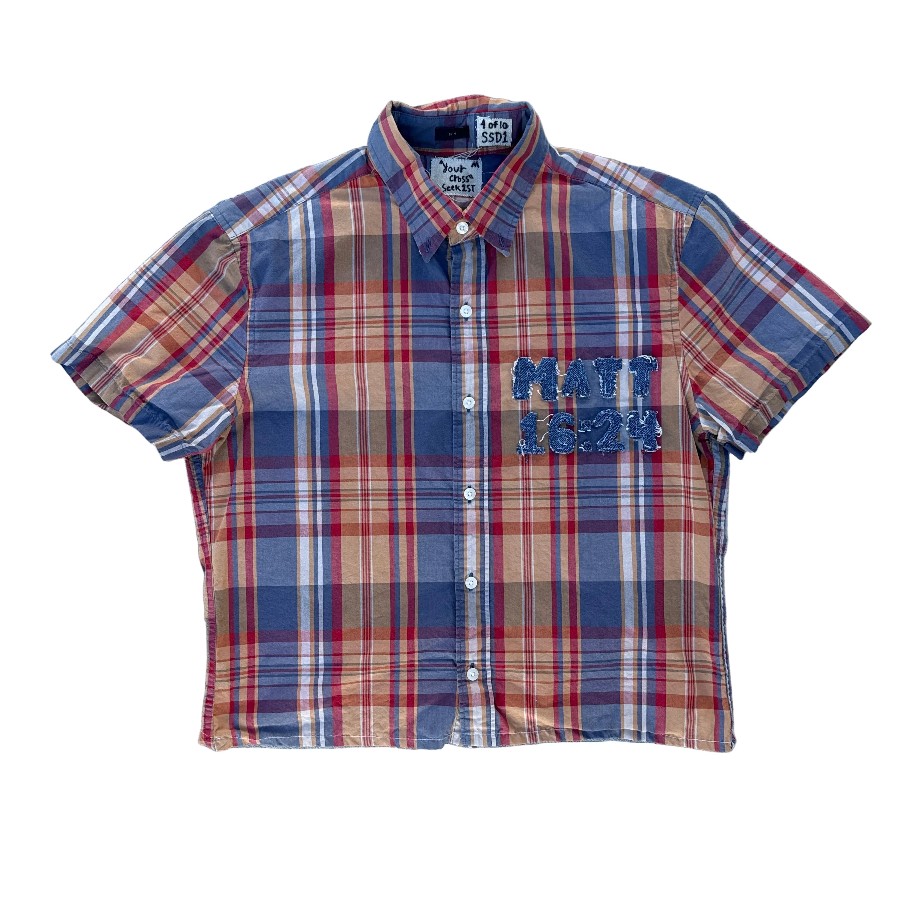 004 "Your Cross" Cropped Flannel Short Sleeve Orange Plaid - M