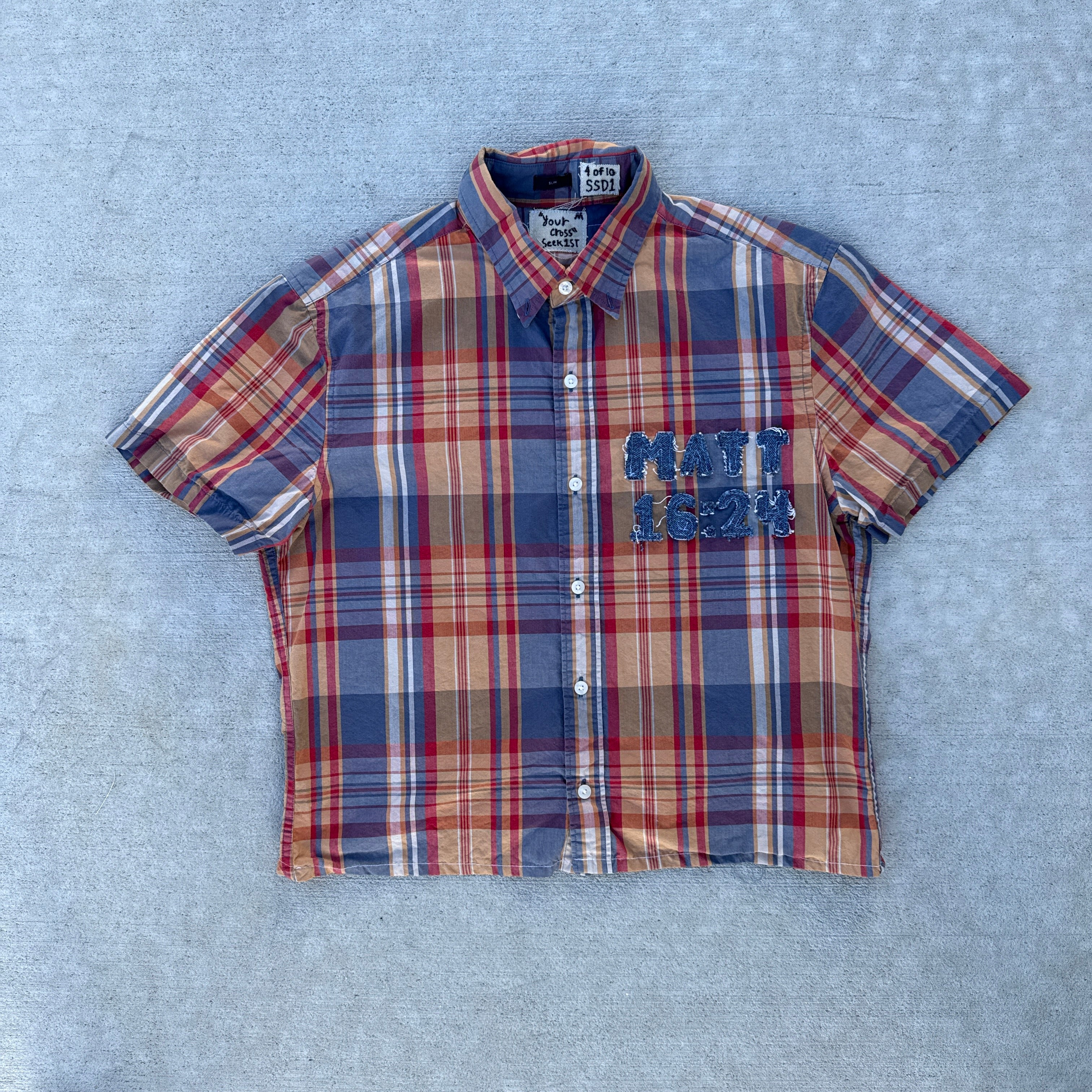 004 "Your Cross" Cropped Flannel Short Sleeve Orange Plaid - M