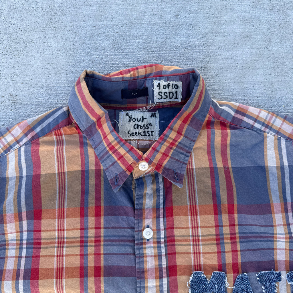 004 "Your Cross" Cropped Flannel Short Sleeve Orange Plaid - M