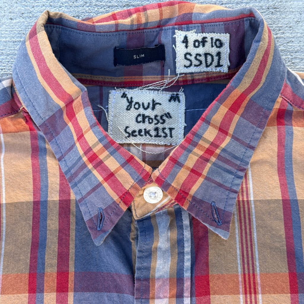 004 "Your Cross" Cropped Flannel Short Sleeve Orange Plaid - M
