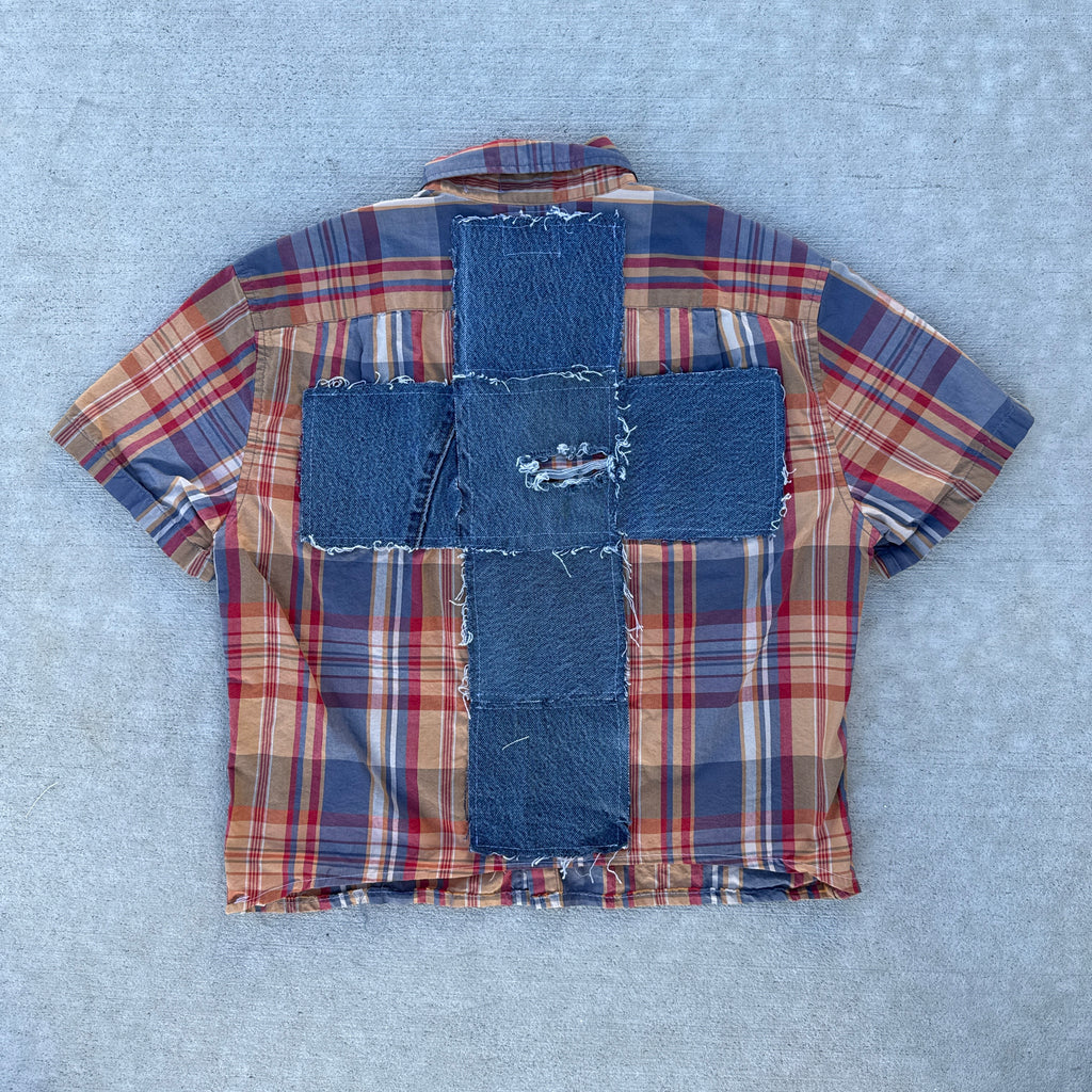 004 "Your Cross" Cropped Flannel Short Sleeve Orange Plaid - M