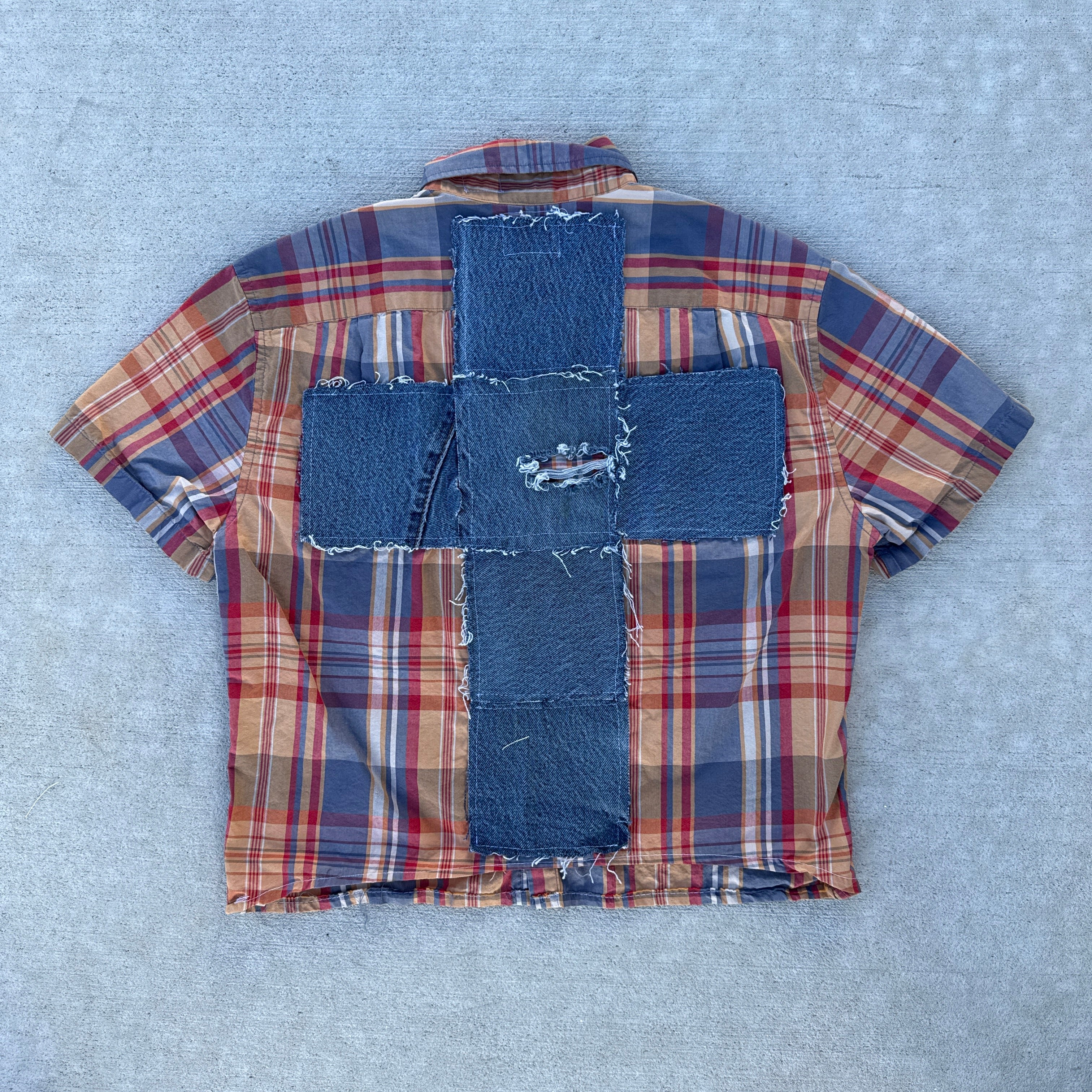 004 "Your Cross" Cropped Flannel Short Sleeve Orange Plaid - M