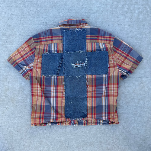 004 "Your Cross" Cropped Flannel Short Sleeve Orange Plaid - M