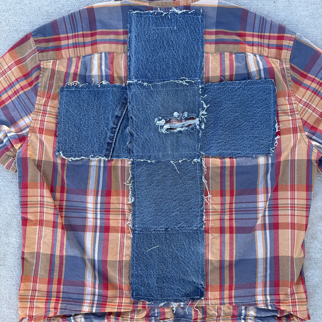 004 "Your Cross" Cropped Flannel Short Sleeve Orange Plaid - M