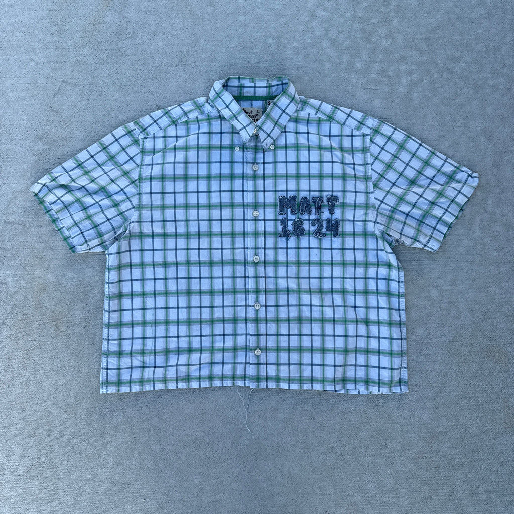002 "Your Cross" Cropped Flannel Short Sleeve White Green Plaid - L