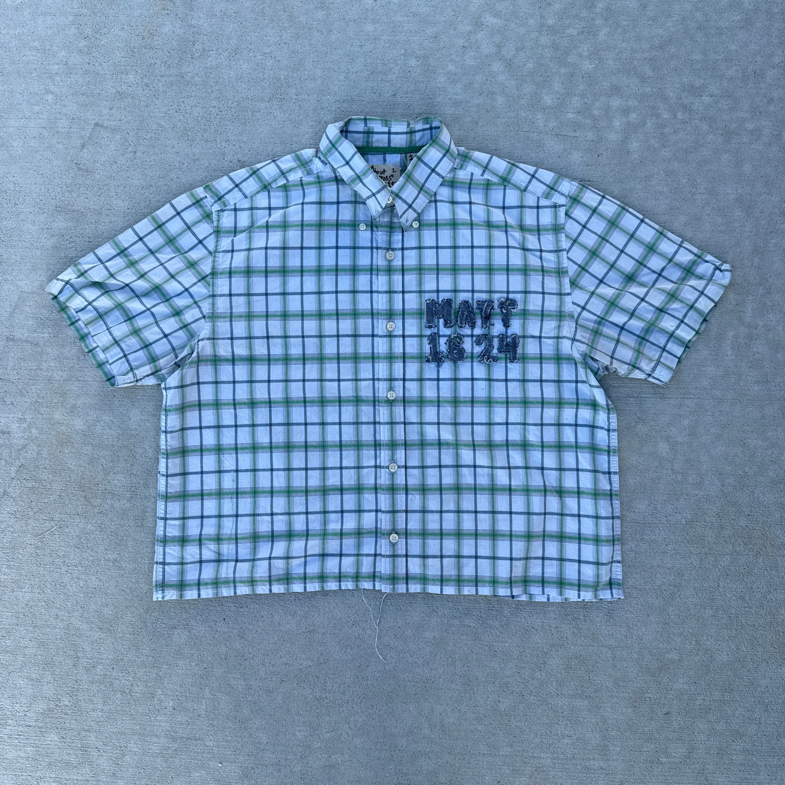 002 "Your Cross" Cropped Flannel Short Sleeve White Green Plaid - L