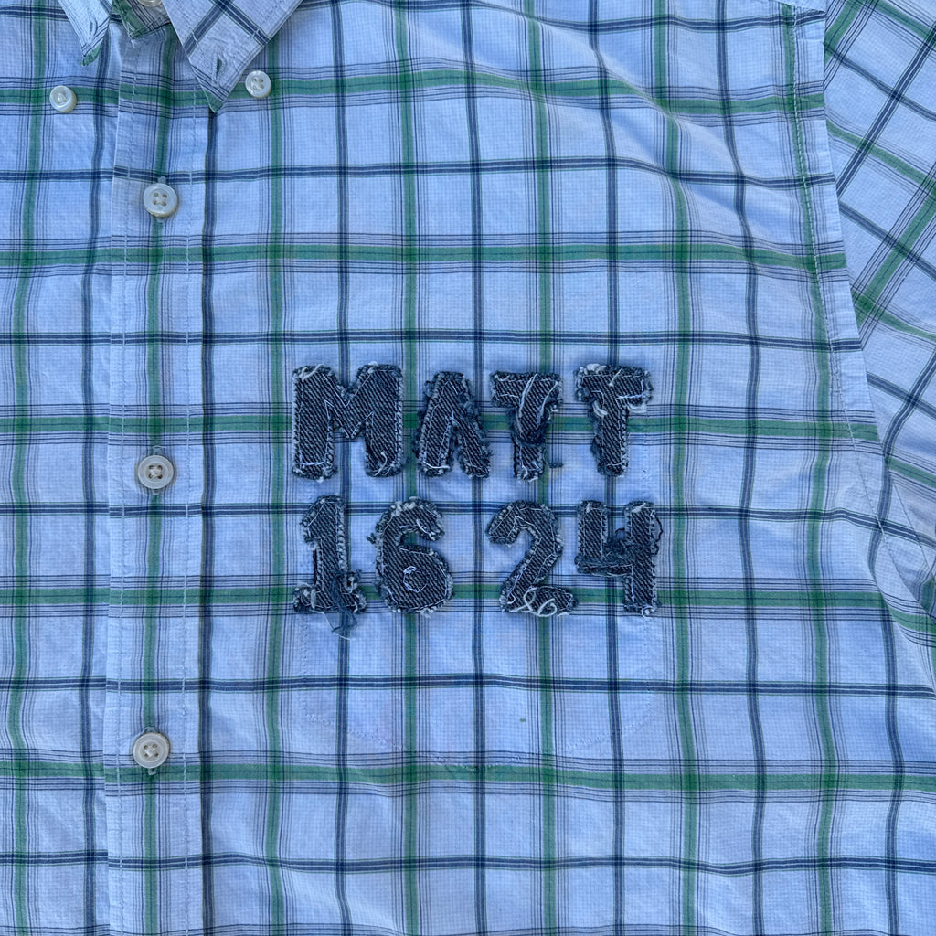 002 "Your Cross" Cropped Flannel Short Sleeve White Green Plaid - L