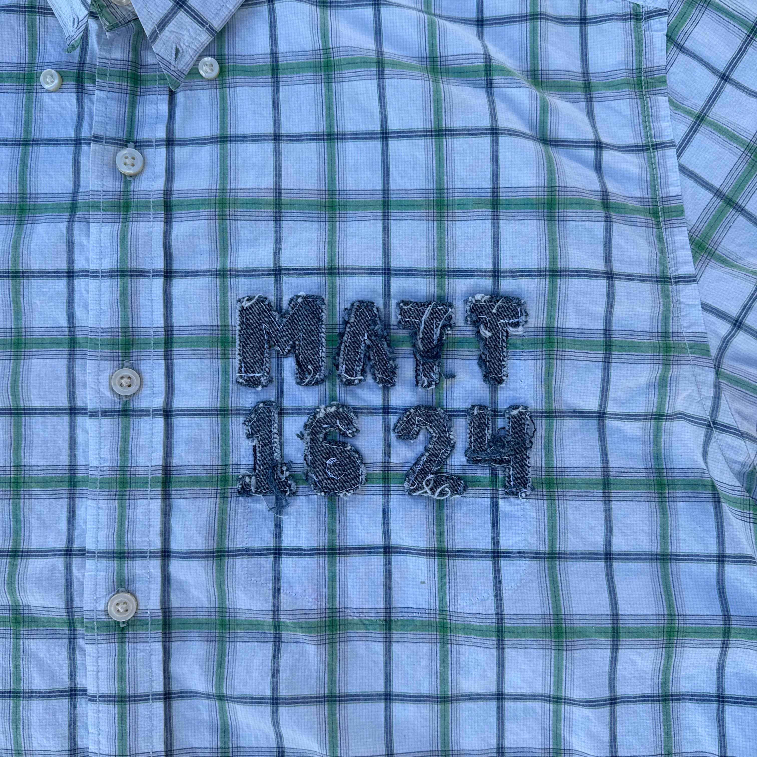 002 "Your Cross" Cropped Flannel Short Sleeve White Green Plaid - L