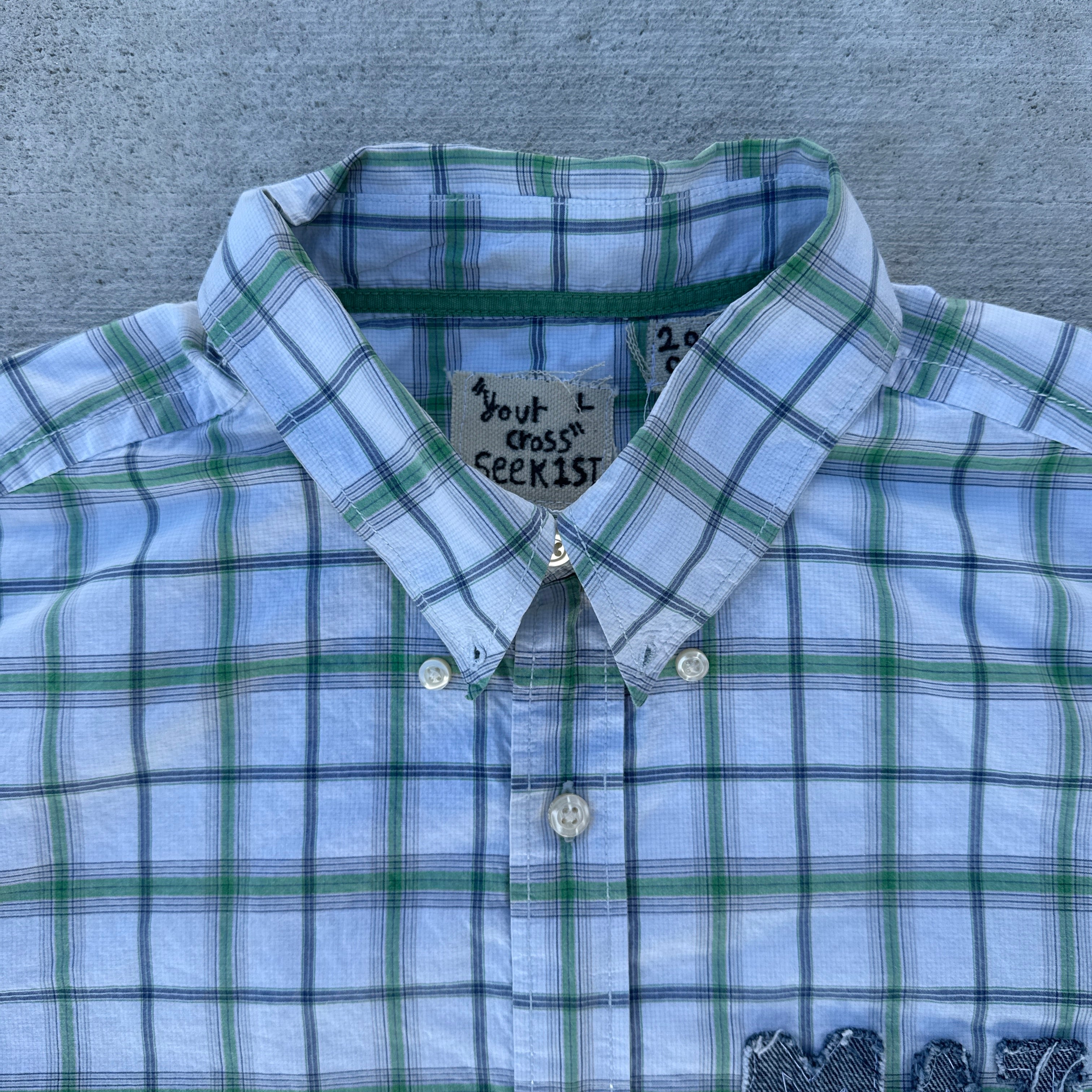 002 "Your Cross" Cropped Flannel Short Sleeve White Green Plaid - L