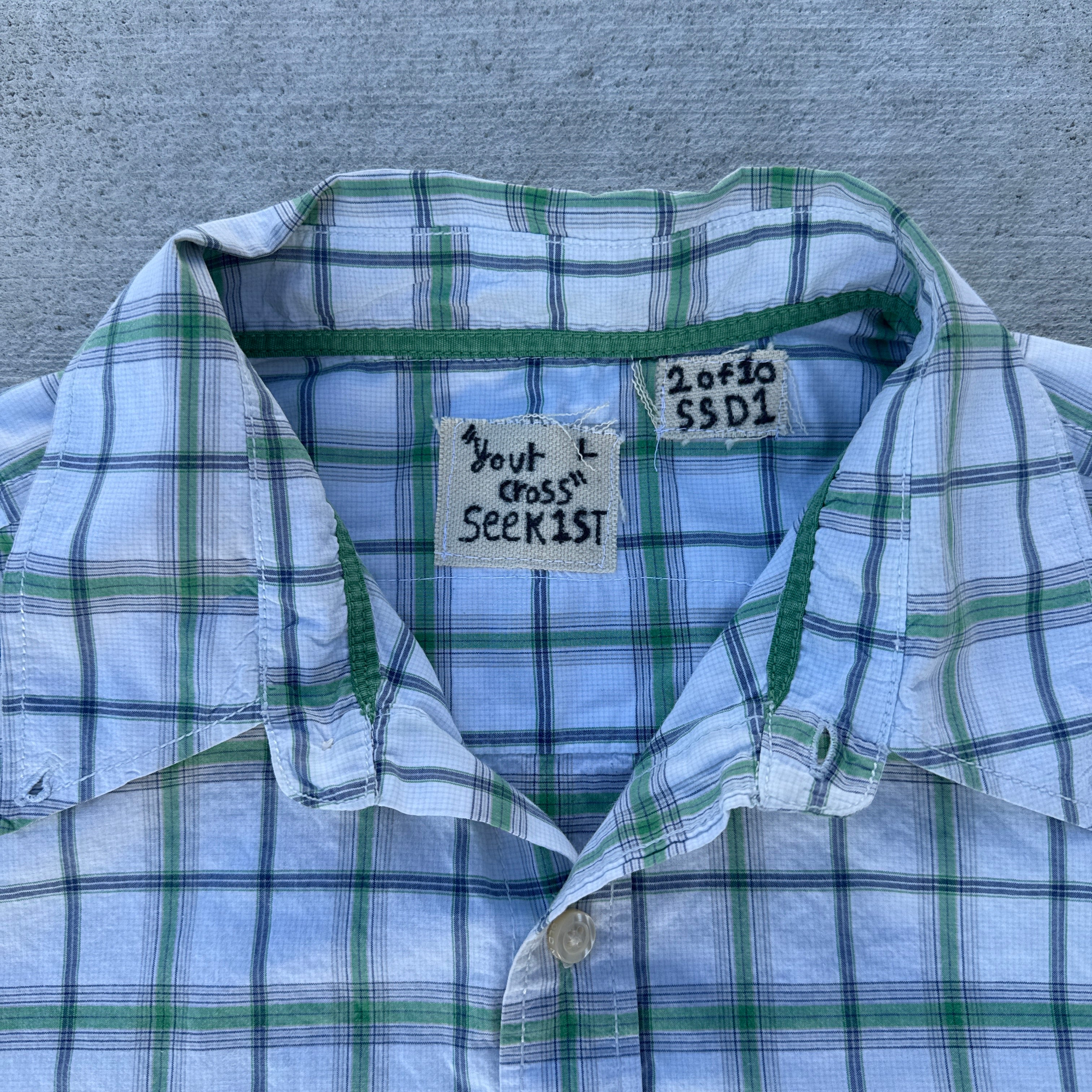 002 "Your Cross" Cropped Flannel Short Sleeve White Green Plaid - L