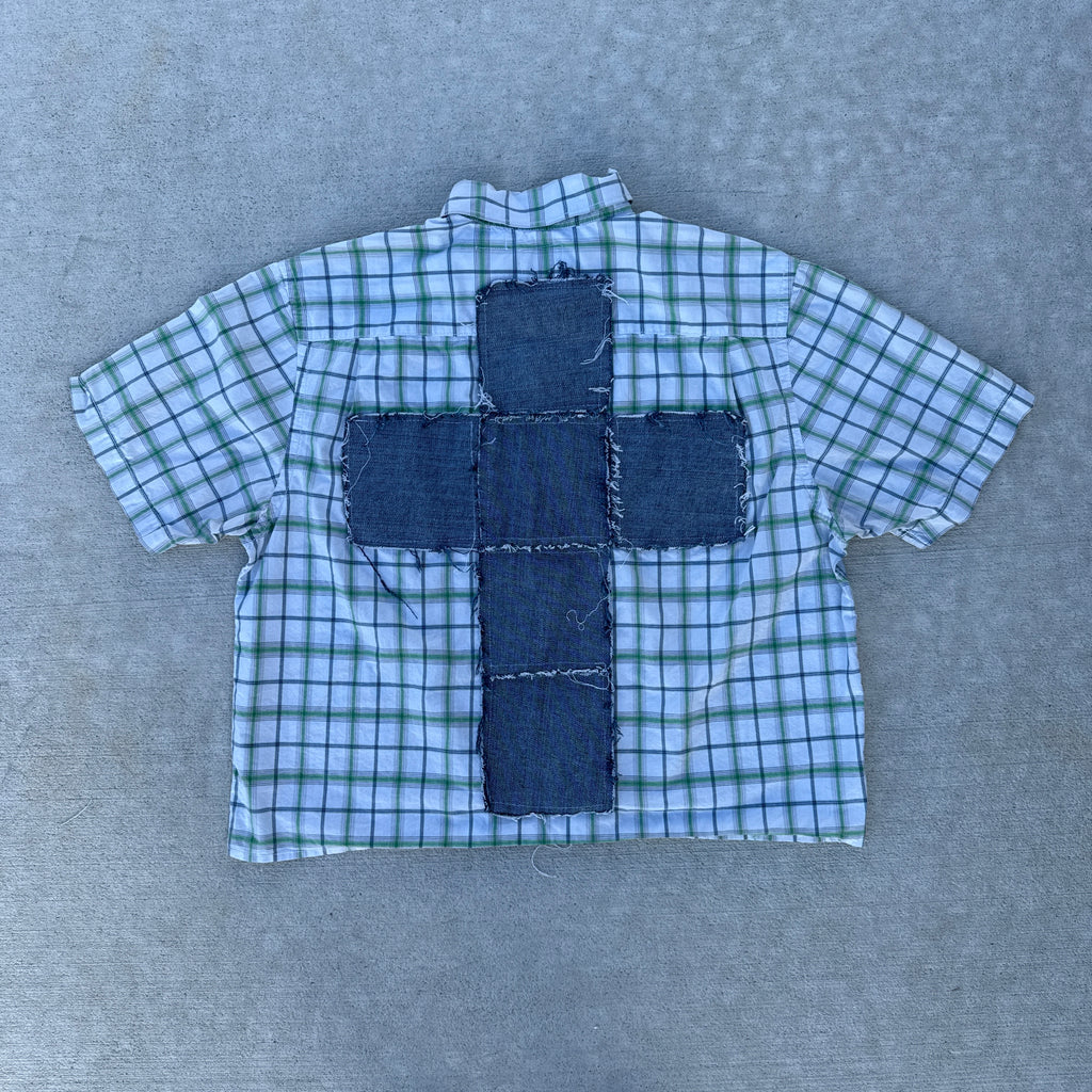 002 "Your Cross" Cropped Flannel Short Sleeve White Green Plaid - L